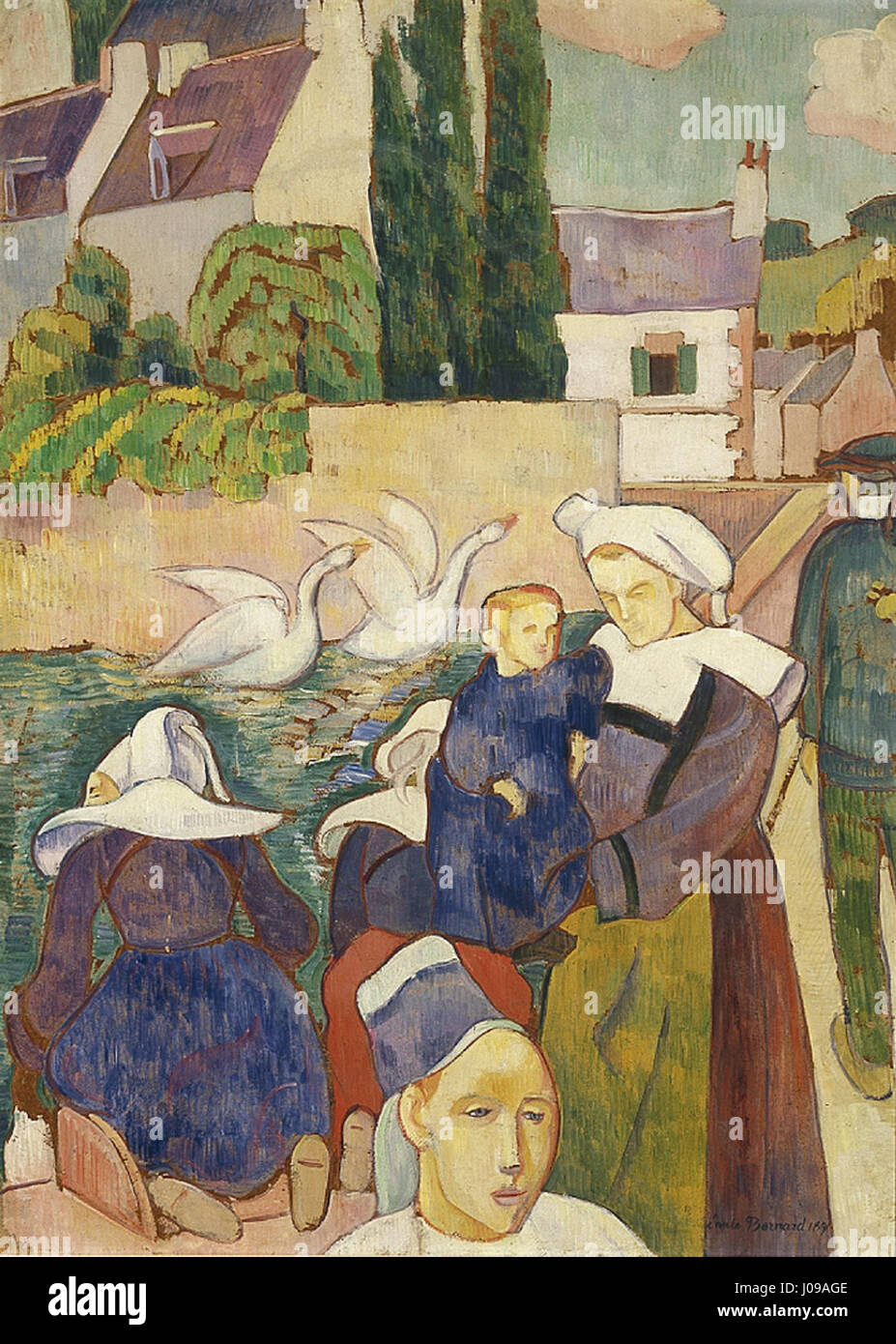 „Pont-Aven“ von Emile Bernard aus dem Jahr 1891 zeigt eine ländliche französische Szene mit der charakteristischen Verwendung von Farbe und Form des Künstlers. Das Gemälde ist eines von Bernards bedeutenden Werken, die mit der Kunstschule Pont-Aven verbunden sind. Stockfoto