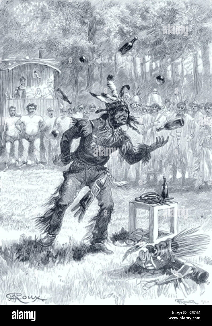 César Cascabel von George Roux ist eine klassische Illustration aus dem gleichnamigen literarischen Werk. Roux’ detailreiches Kunstwerk ergänzt die Abenteuergeschichte und verleiht der Erzählung mit komplexen Charakteren und Kulissen eine visuelle Tiefe. Stockfoto