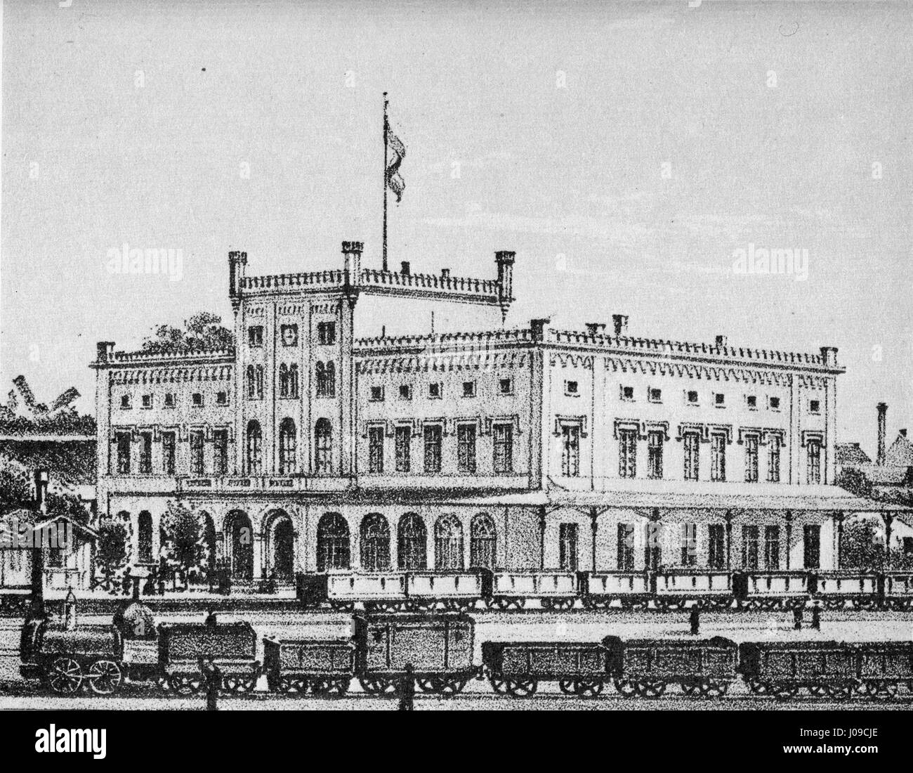 Dieses Gemälde von Friedrich Julius Tempeltey aus der Zeit um 1850 zeigt den Dortmunder Bahnhof. Die Arbeit beleuchtet die frühe Industriezeit in Deutschland und zeigt die entstehenden architektonischen und urbanen Entwicklungen der Zeit. Stockfoto