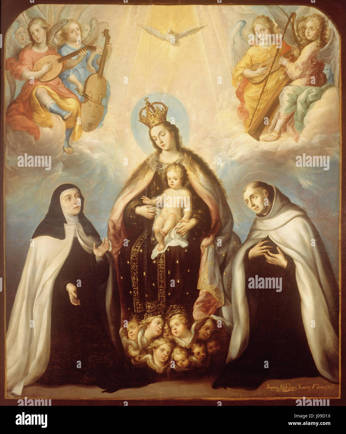 Juan Rodríguez Juárez „die Jungfrau von Carmen mit der Heiligen Theresia und dem Heiligen Johannes vom Kreuz“ zeigt religiöse Figuren in einem detaillierten barocken Stil, wobei der Schwerpunkt auf die Jungfrau Maria, die Heilige Theresia und den Heiligen Johannes vom Kreuz, Schlüsselfiguren der katholischen Mystik, liegt. Stockfoto Juan Rodríguez Juárez „die Jungfrau von Carmen mit der Heiligen Theresia und dem Heiligen Johannes vom Kreuz“ zeigt religiöse Figuren in einem detaillierten barocken Stil, wobei der Schwerpunkt auf die Jungfrau Maria, die Heilige Theresia und den Heiligen Johannes vom Kreuz, Schlüsselfiguren der katholischen Mystik, liegt. Stockfoto