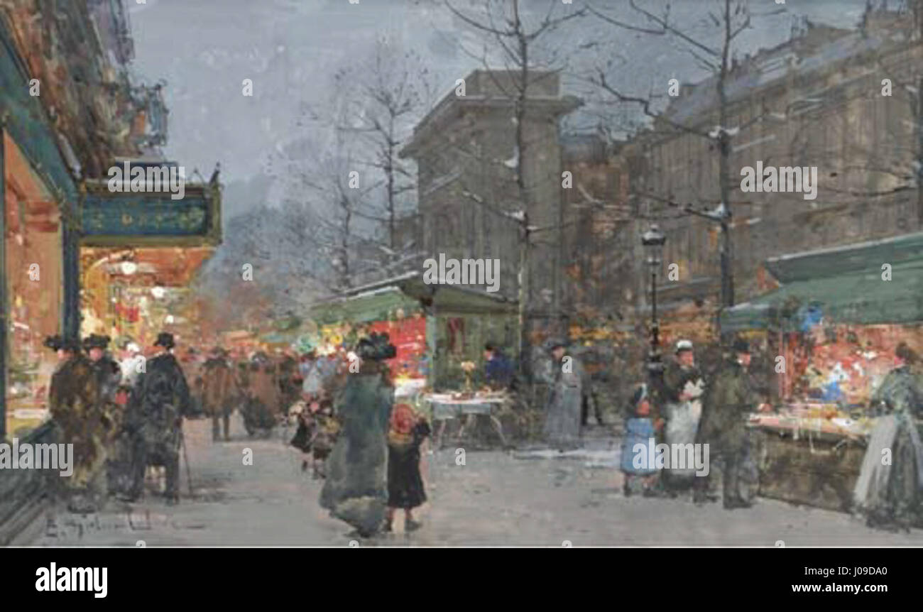 „Paris Boulevard Parisien le soir“ von Eugène Galien-Laloue fängt die lebendige Pariser Straßenszene bei Nacht ein. Das Gemälde zeigt lebhafte Menschenmassen und beleuchtete Gebäude, die die dynamische Energie der Stadt im späten 19. Jahrhundert widerspiegeln. Galien-Laloues impressionistischer Stil betont Licht, Bewegung und urbane Atmosphäre. Stockfoto