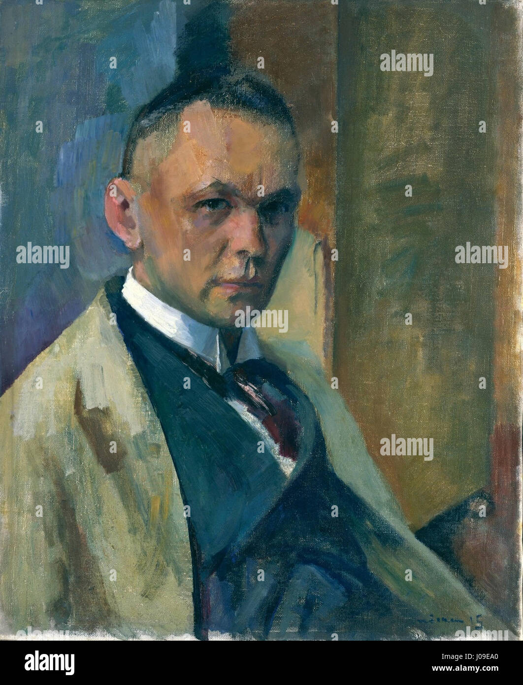 Selbstbildnis von Franz Nölken (1915) ist ein introspektives Stück, das in die Innenwelt des Künstlers eintaucht. Das Gemälde reflektiert die emotionale Tiefe und persönliche Einsicht, wobei der Schwerpunkt auf psychologischen Aspekten der Porträtarbeit liegt. Stockfoto