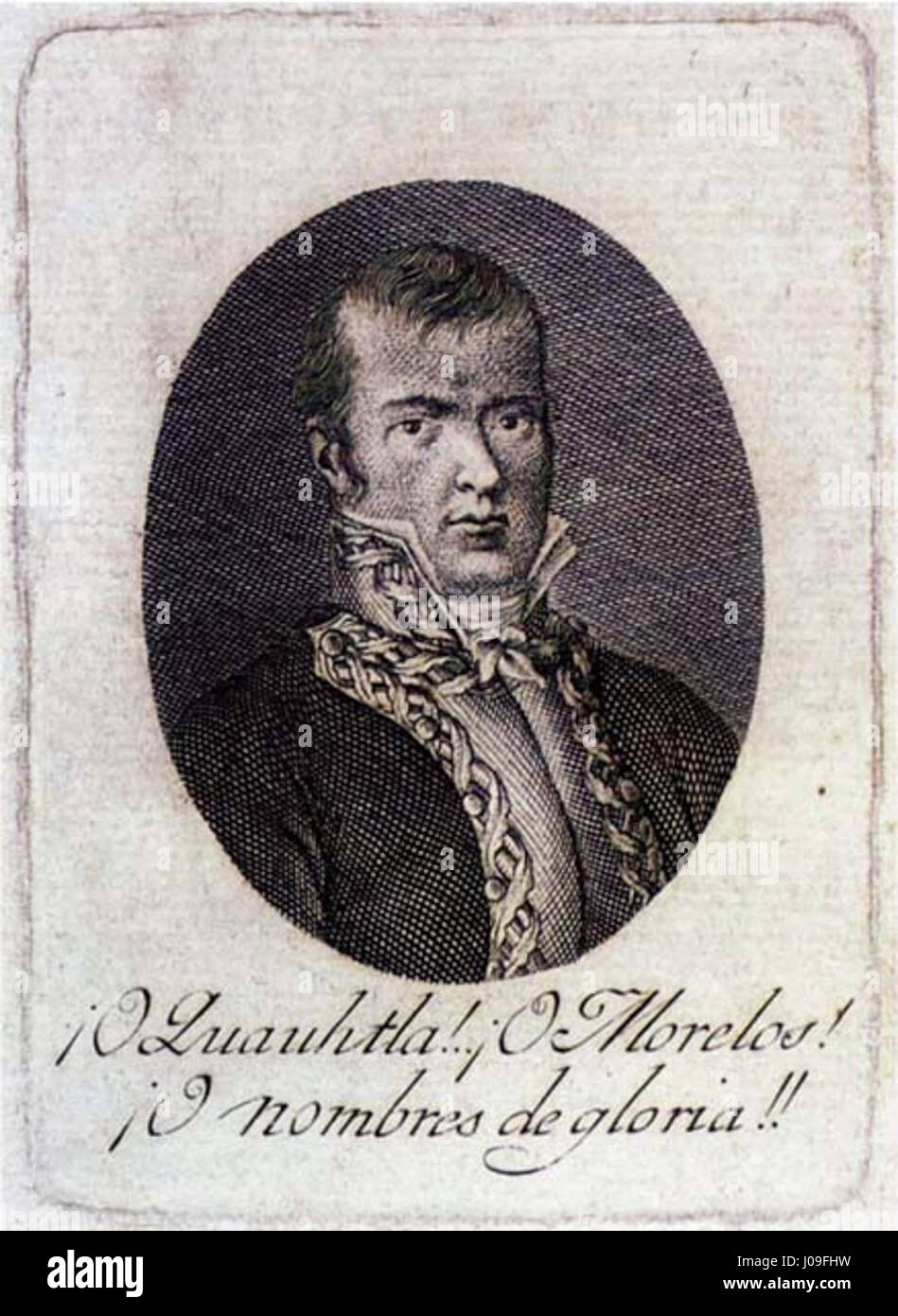 „José María Morelos, grabado“ bezieht sich auf einen Gravur von José María Morelos, einem mexikanischen römisch-katholischen Priester und Revolutionär, der eine bedeutende Rolle im mexikanischen Unabhängigkeitskrieg spielte. Stockfoto