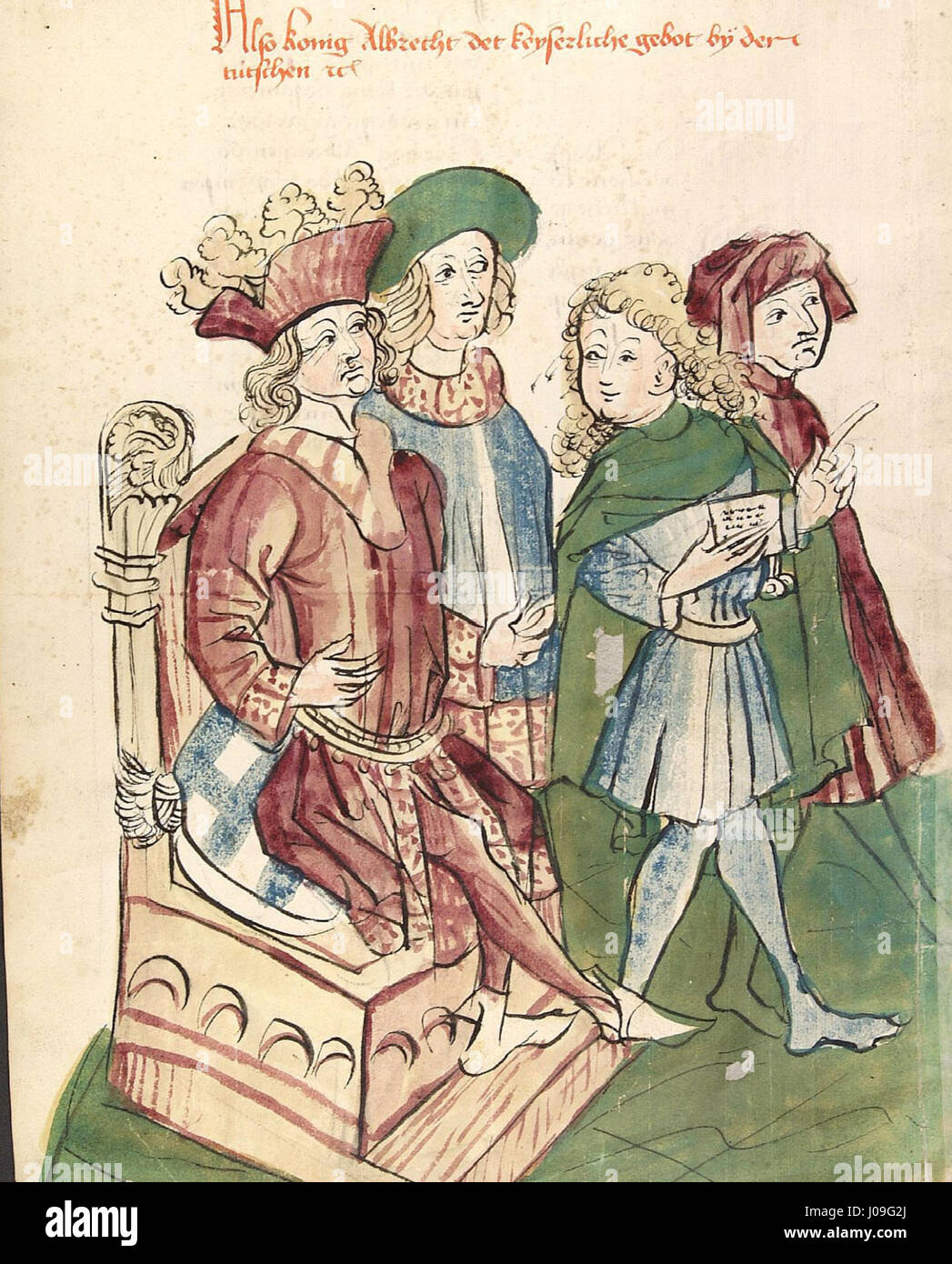 „König Albrecht schickt wegen seiner Kaiserkrönung einen Boten zu Papst Bonifatius“ zeigt den Moment, als König Albert I. 1301 einen Boten an Papst Bonifatius VIII. Sandte, der die politischen Spannungen und die Dynamik der Zeit widerspiegelt. Stockfoto