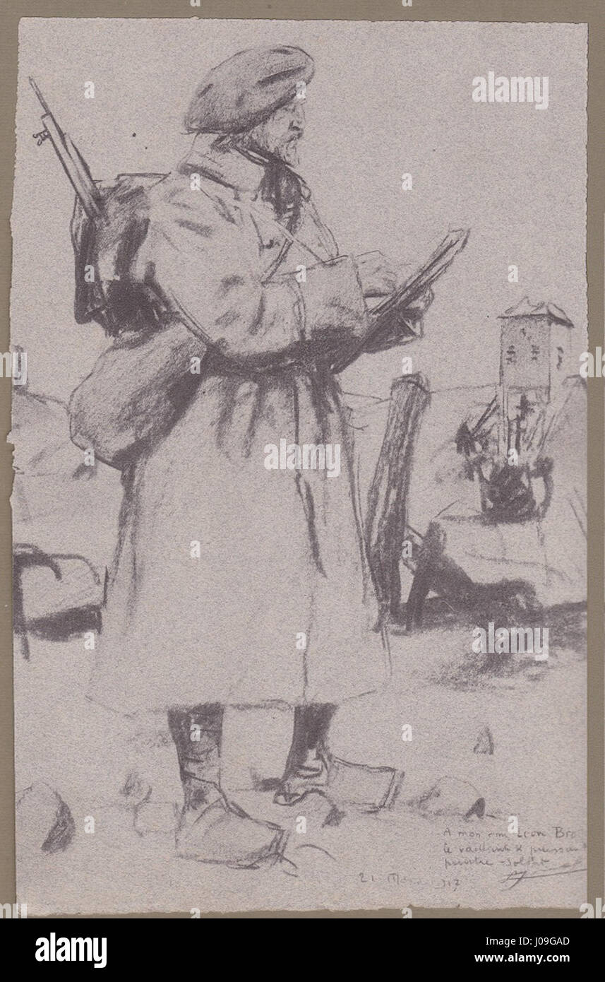 „Léon Broquet“ ist ein Porträt des französischen Künstlers Lucien Jonas, das das Gleichnis des französischen Malers, der für seine militärischen Szenen bekannt ist, einfängt und Jonas' Porträtkunst widerspiegelt. Stockfoto