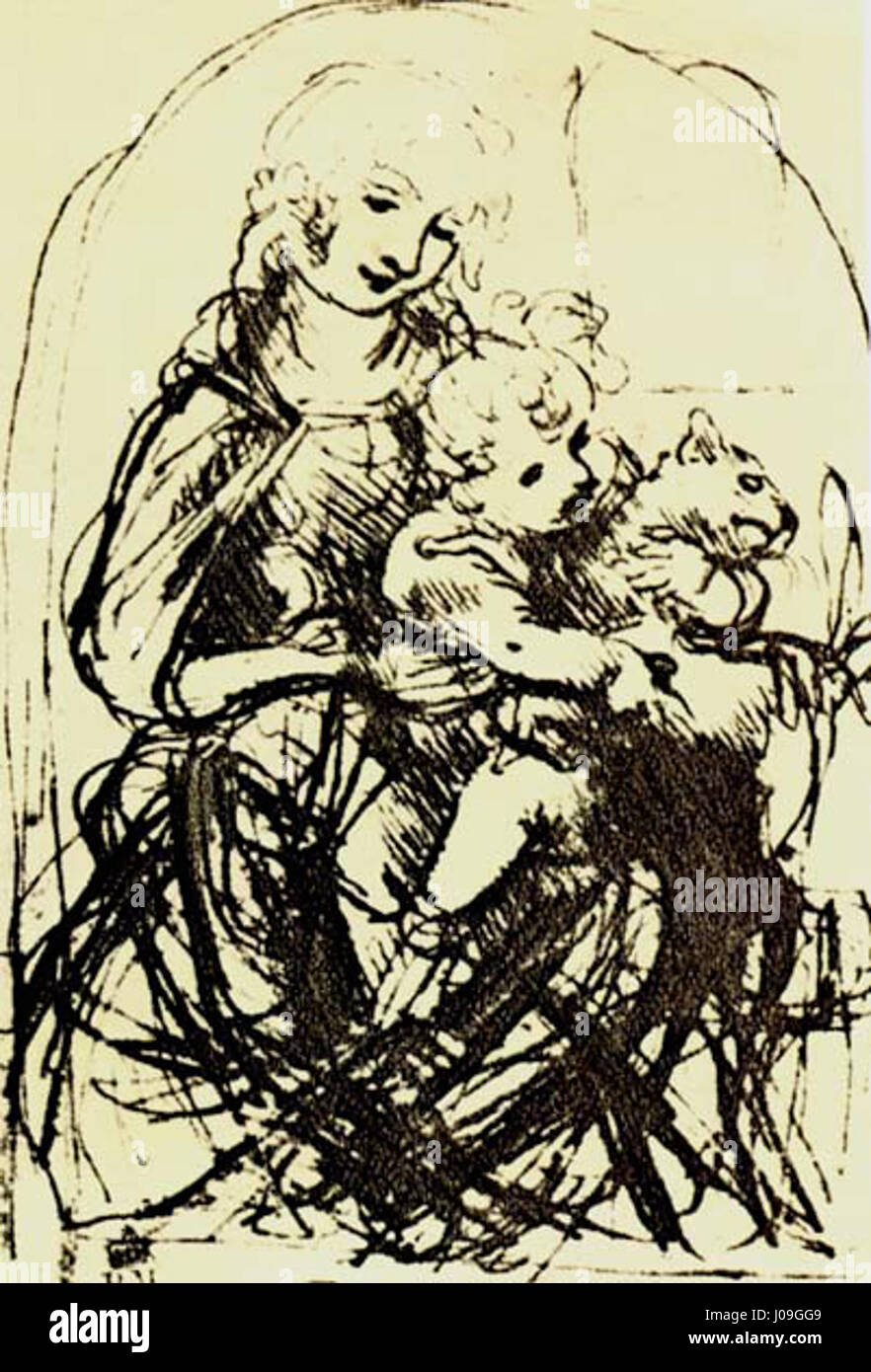 „Madonna z dzieciątkiem i kotkiem“ bedeutet „Madonna mit Kind und Katze“. Dieses religiöse Gemälde stellt wahrscheinlich die Jungfrau Maria mit dem Jesuskind dar, das eine Katze hält. Das Stück verbindet heilige Bilder mit einer häuslichen Szene und betont mütterliche Wärme und Sorgfalt. Stockfoto