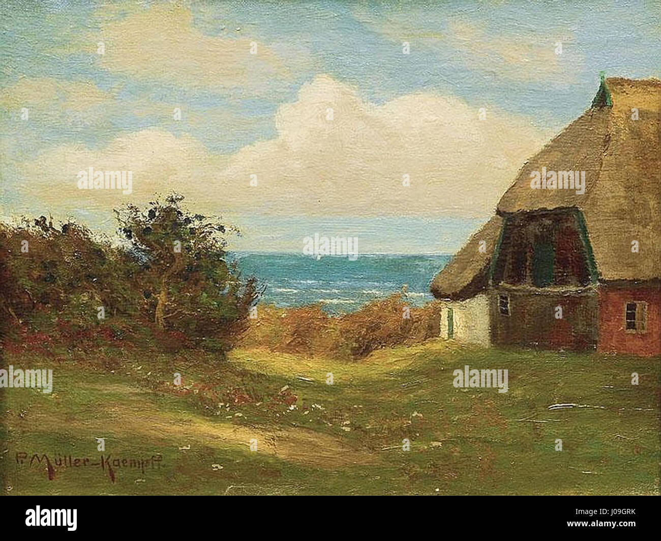 „Die Ostsee bei Ahrenshoop“ von Paul Müller-Kaempf stellt die ruhige Landschaft der Ostsee bei Ahrenshoop dar und erfasst dabei die ruhigen Gewässer und den weiten Horizont. Das Gemälde ist charakteristisch für den deutschen Impressionismus. Stockfoto