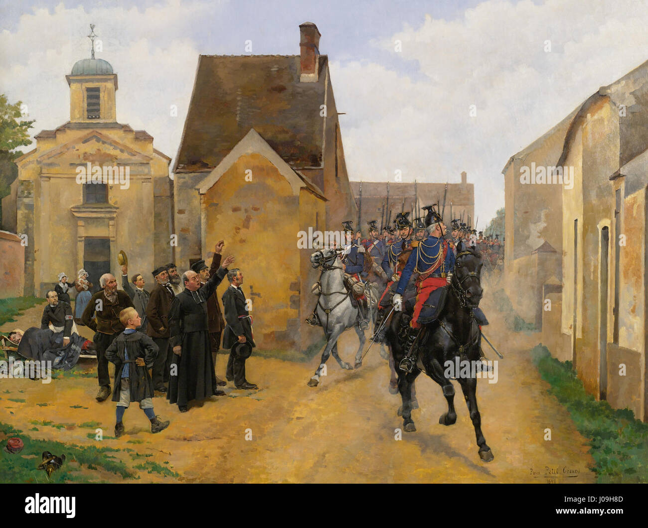 „Die triumphale Rückkehr des Regiments“ von Pierre Petit-Gérard feiert eine Militärparade, die die siegreiche Rückkehr eines Regiments feiert. Das Gemälde zeigt die Pracht und den Prunk des Ereignisses und hebt die Uniformen der Soldaten und die feierliche Atmosphäre des Augenblicks hervor. Stockfoto