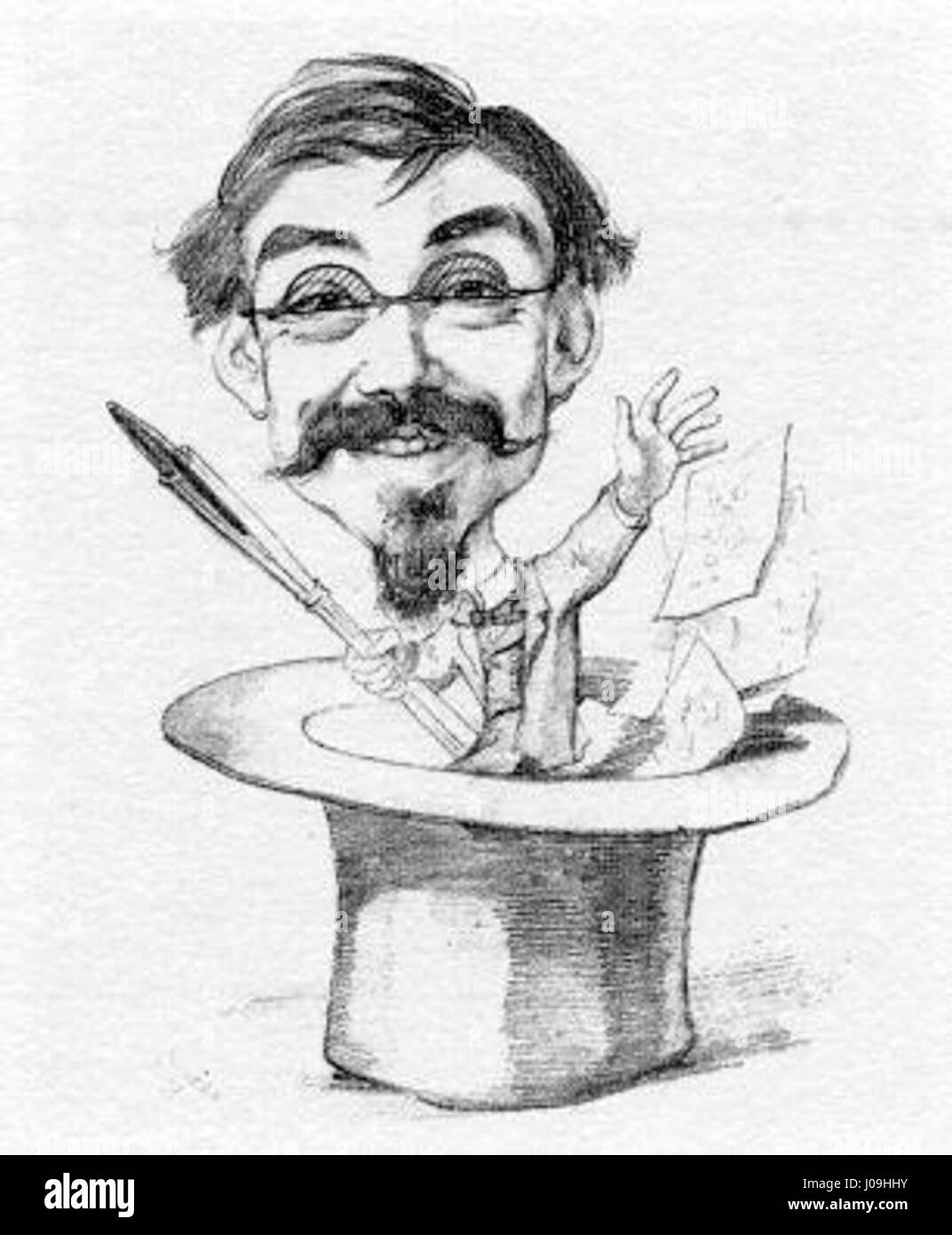 Pedro Américos „Auto-caricatura“ (Selbstkarikatur) stellt die humorvolle Einstellung des Künstlers zu sich selbst dar. Bekannt für seine historischen und dramatischen Werke, bietet dieses Stück einen Einblick in seine verspielte Seite und zeigt seinen Witz durch übertriebene Merkmale und eine unbeschwerte Darstellung. Stockfoto