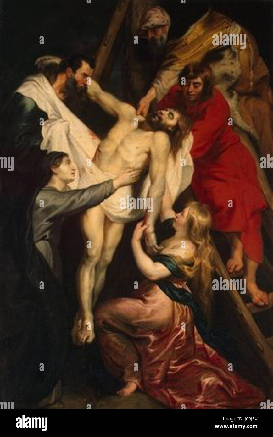 Die Kreuzabnahme, ein Gemälde von 1618 von Peter Paul Rubens, einem flämischen Künstler, das den Moment darstellt, in dem der Leib von Jesus Christus vom Kreuz genommen wird. Stockfoto