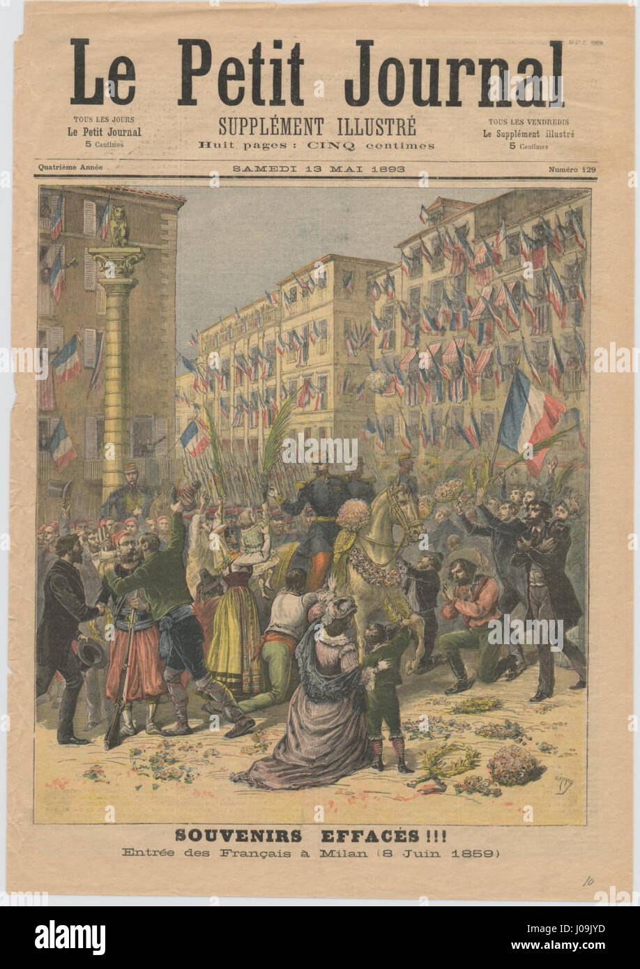 Dieses Stück erinnert an die französische Einreise nach Mailand am 8. Juni 1859, während des Zweiten Italienischen Unabhängigkeitskrieges. Das Kunstwerk fängt den Moment des Sieges und der Befreiung Mailands von der österreichischen Kontrolle ein. Stockfoto