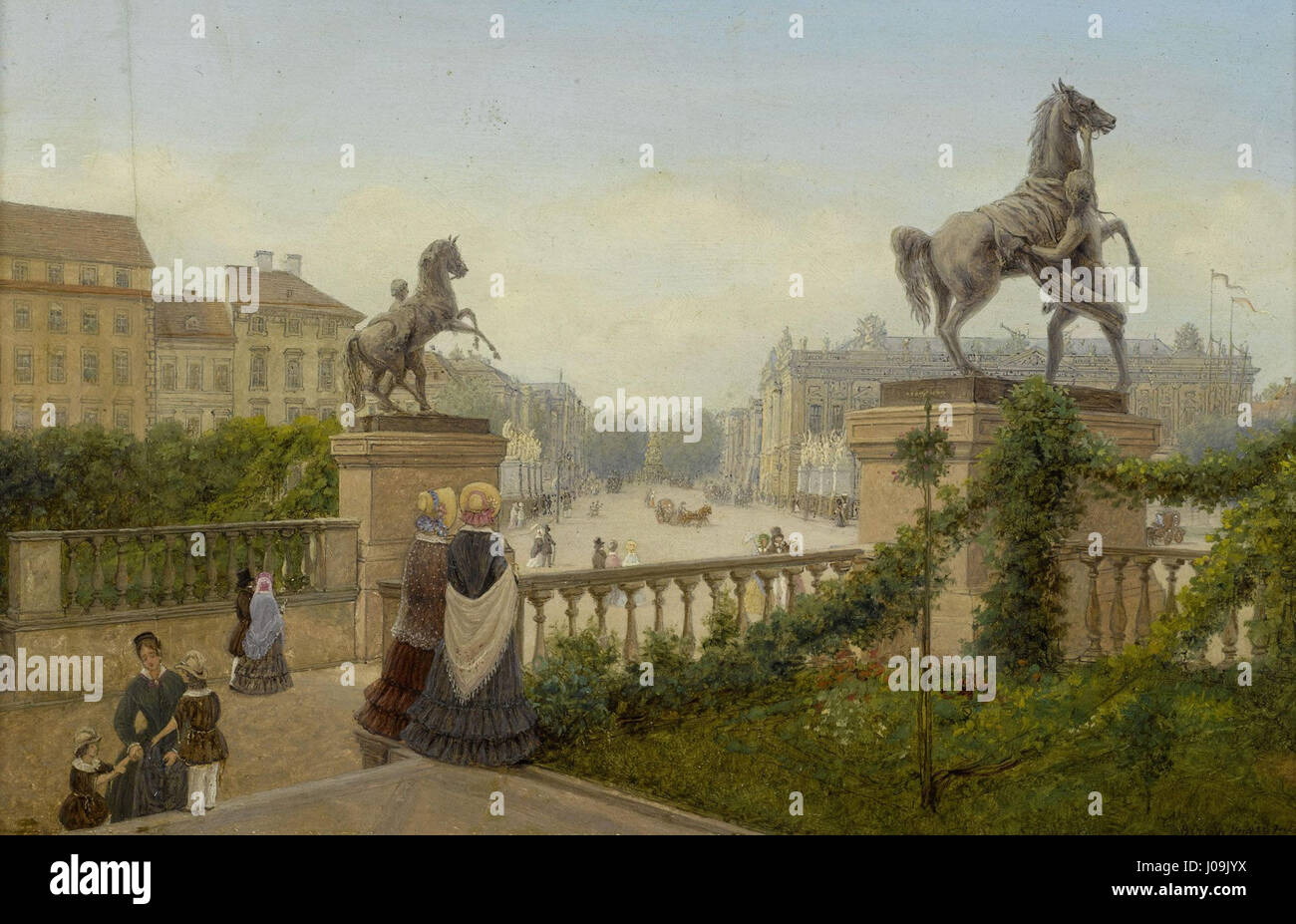 „Unter den Linden“ von Wilhelm Brücke stellt einen Blick auf die berühmte Berliner Straße aus dem Jahr 1852 dar. Das Gemälde fängt die architektonische Pracht Berlins ein und spiegelt das geschäftige Stadtleben der Zeit und seine kulturelle Bedeutung wider. Stockfoto