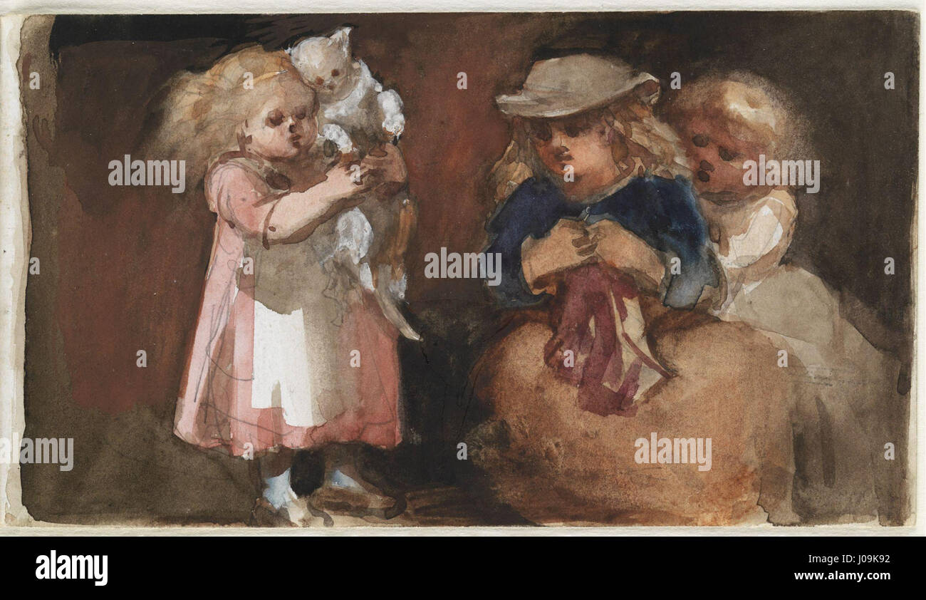 Drei unbekannte Kinder und eine Katze von Louisa Anne (geb. Stuart), Marquise von Waterford Stockfoto