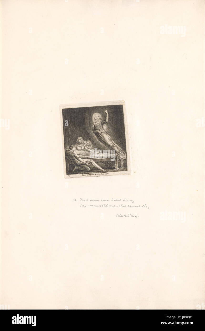 William Blakes Gravur aus seiner Serie „for the Sexes – the Tates of Paradise“ veranschaulicht die symbolische Darstellung von Angst und Hoffnung. Die Platte mit dem Titel „Fear & Hope Are“ fängt den emotionalen Kontrast zwischen diesen beiden zuständen durch Blakes visionären und poetischen Stil ein. Stockfoto