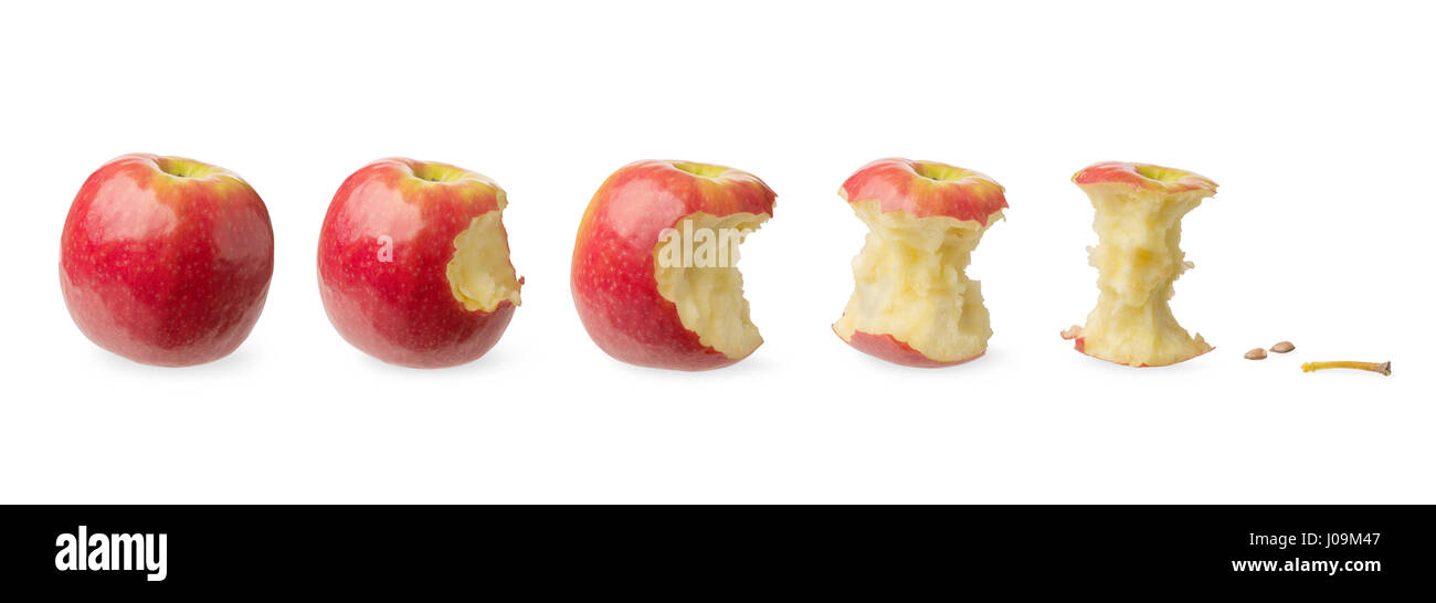 Frische ganze Apfel, leicht gebissen, getestet, wahrscheinlich um gegessen, fast gegessen, schon gegessen isolierten auf weißen Hintergrund.  Konzept des Verbrauchs Stockfoto
