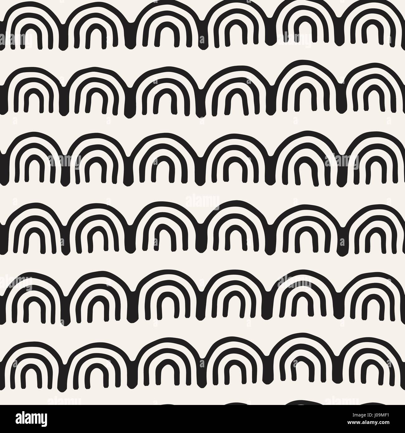 Monochrome minimalistisch Stammes-nahtlose Muster mit Bogen Linien. Vektor-Hintergrund mit inky schwarze Kunst auf weißen abgerundeten Streifen. Stock Vektor
