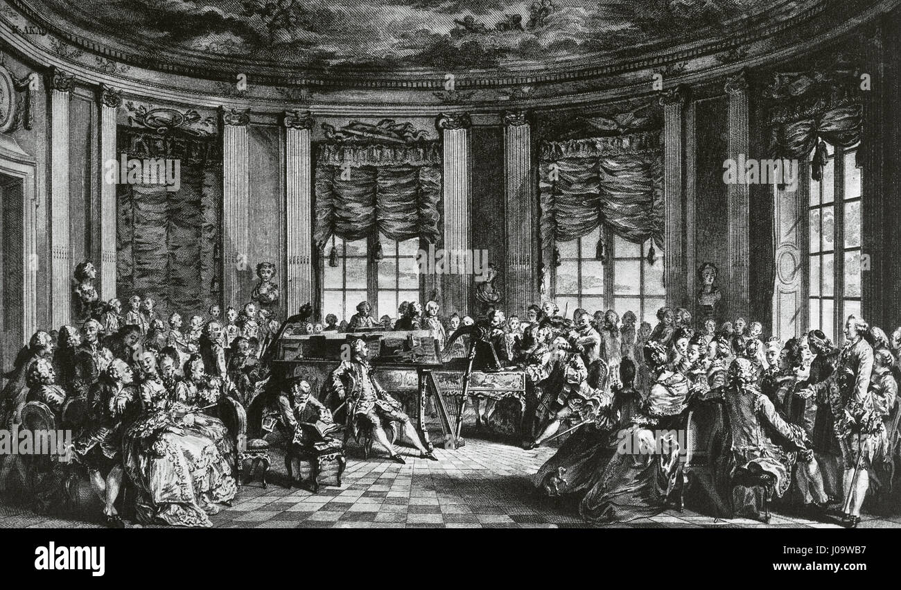 Das Konzert im Haus der Gräfin von Saint Brisson. Kupferstich von L. Prevost vor einem Gemälde von Augustin de Saint-Aubin (1736-1807). Stockfoto