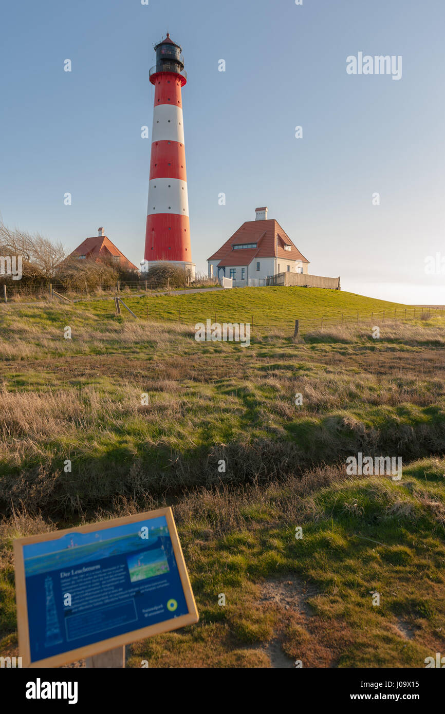 Deutschlands berühmteste Leuchtturm Westerheversand in den Salzwiesen entlang der Nordseeküste, Westerhever, Nordfriesland, Schleswig-Holstein, Deutschland Stockfoto