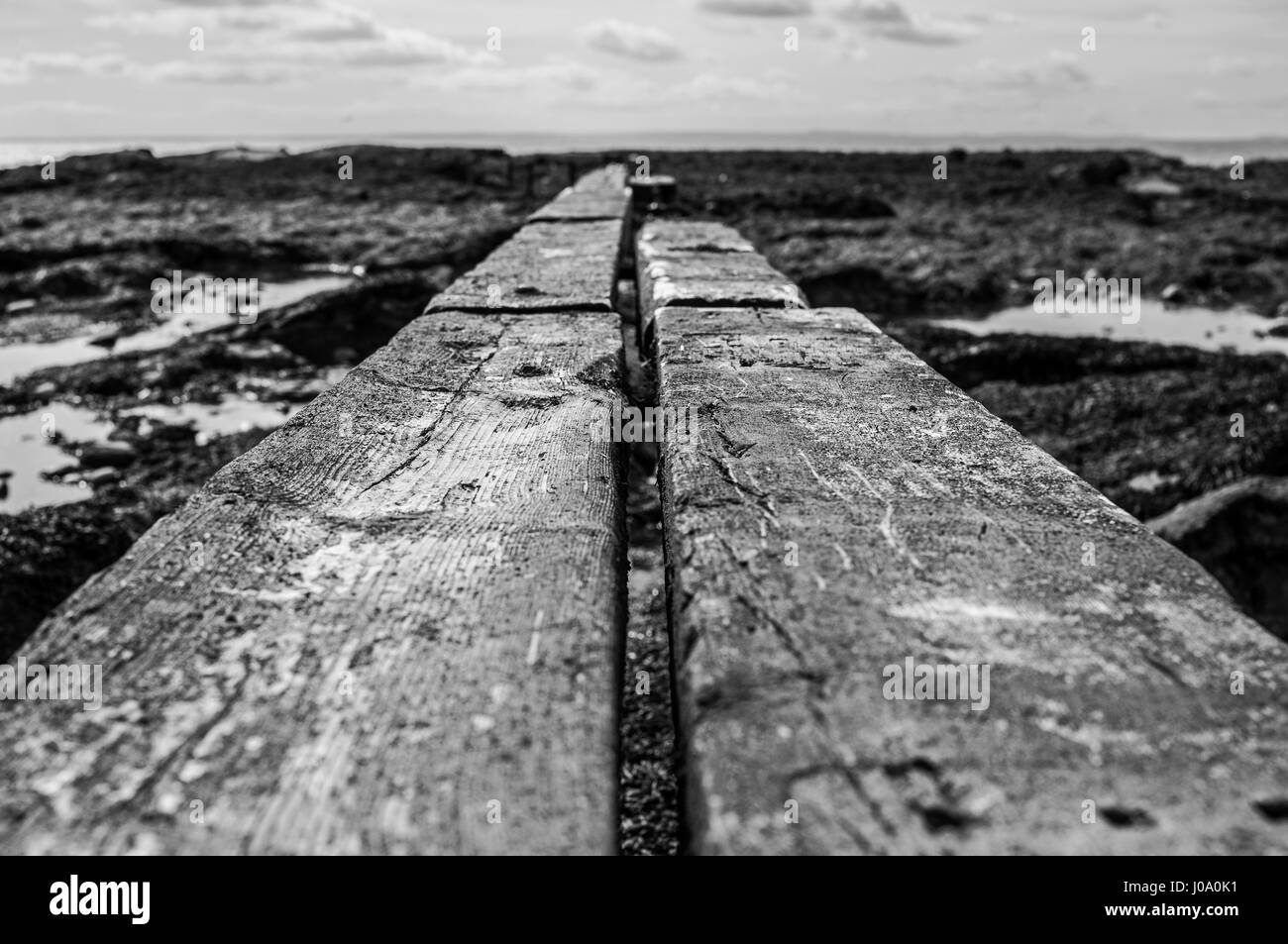 Dies ist eine Strand-Szene in schwarz & weiß mit Holzplatten. Stockfoto