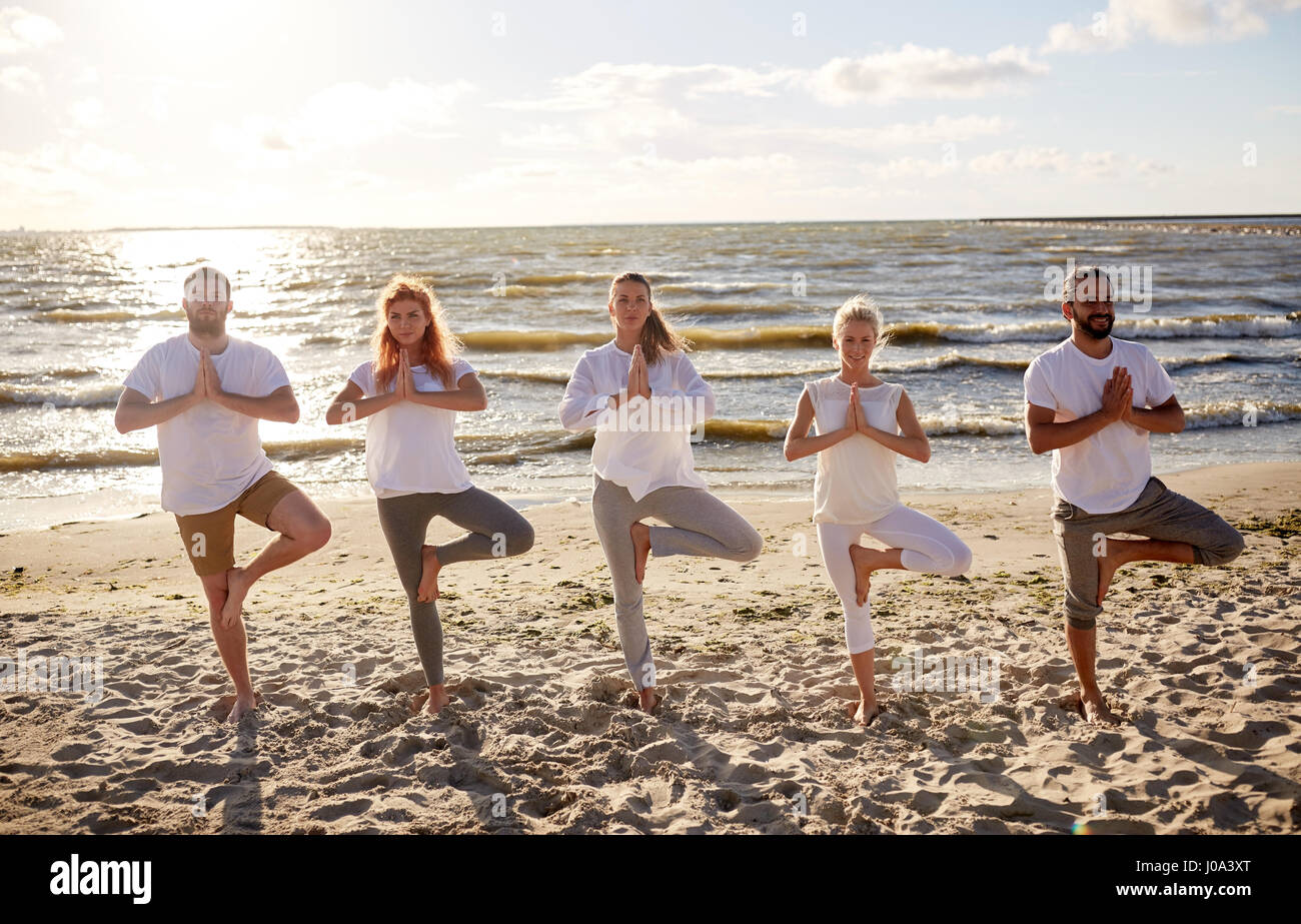 Gruppe von Menschen, die Yoga in Baumpose am Strand Stockfoto
