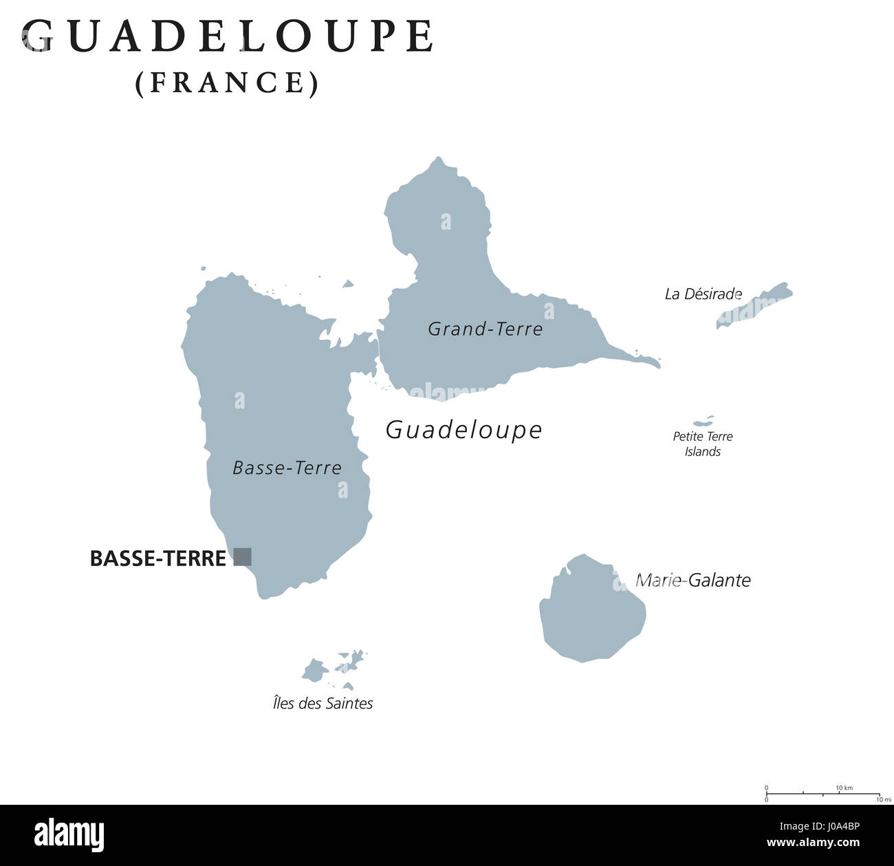 Guadeloupe politische Karte mit Hauptstadt Basse-Terre. Karibische Inseln und Überseeregion Frankreichs in den kleinen Antillen und die Inseln über dem Winde. Stockfoto