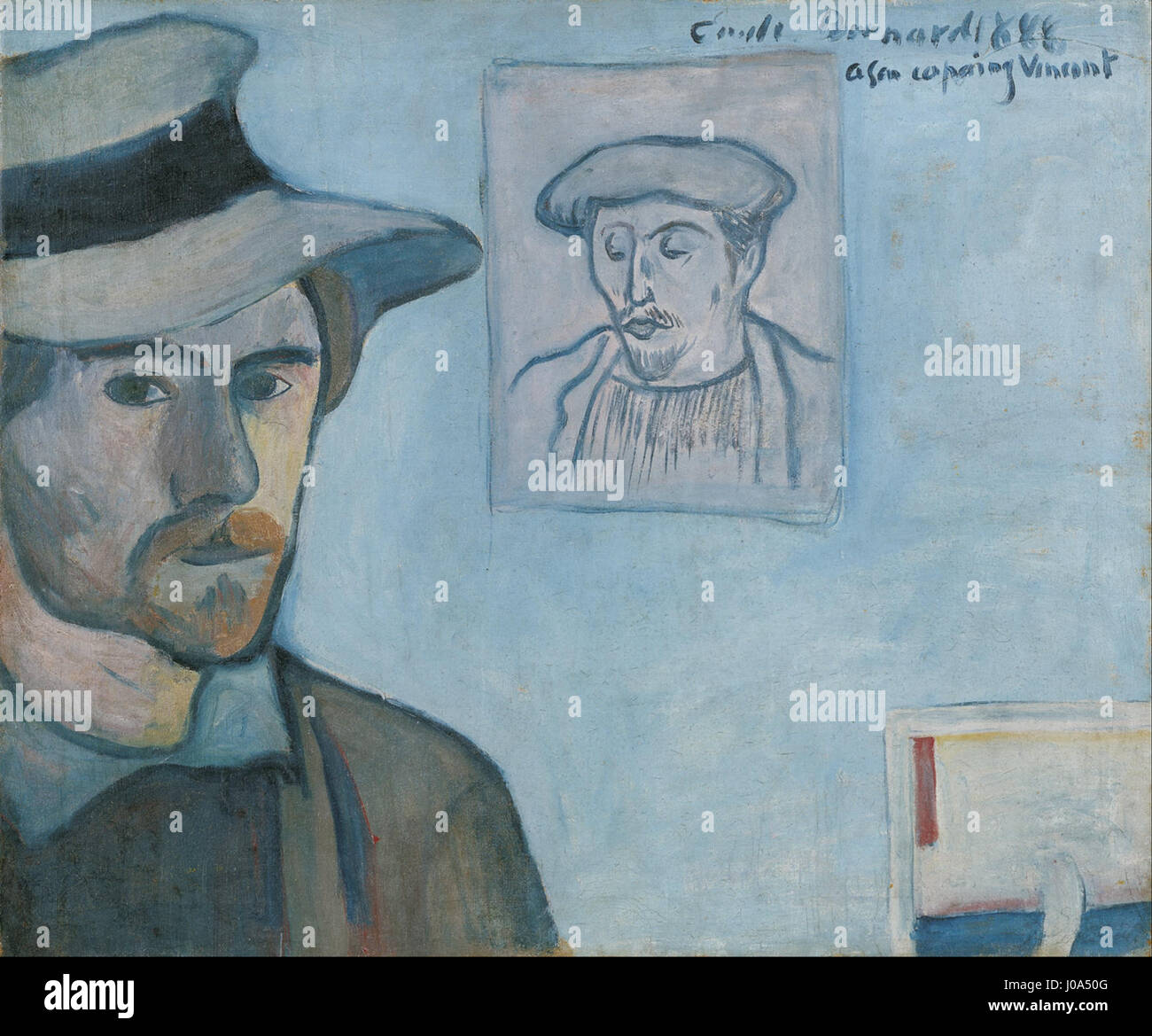 Ein Selbstporträt von Emile Bernard mit einem Porträt von Paul Gauguin, das einen Moment im Privatleben des Künstlers und seine Beziehung zu seinem Zeitgenossen feststellt. Das Werk unterstreicht Bernards einzigartigen künstlerischen Stil und seine Verbindung zu seinem Kollegen Gauguin. Stockfoto