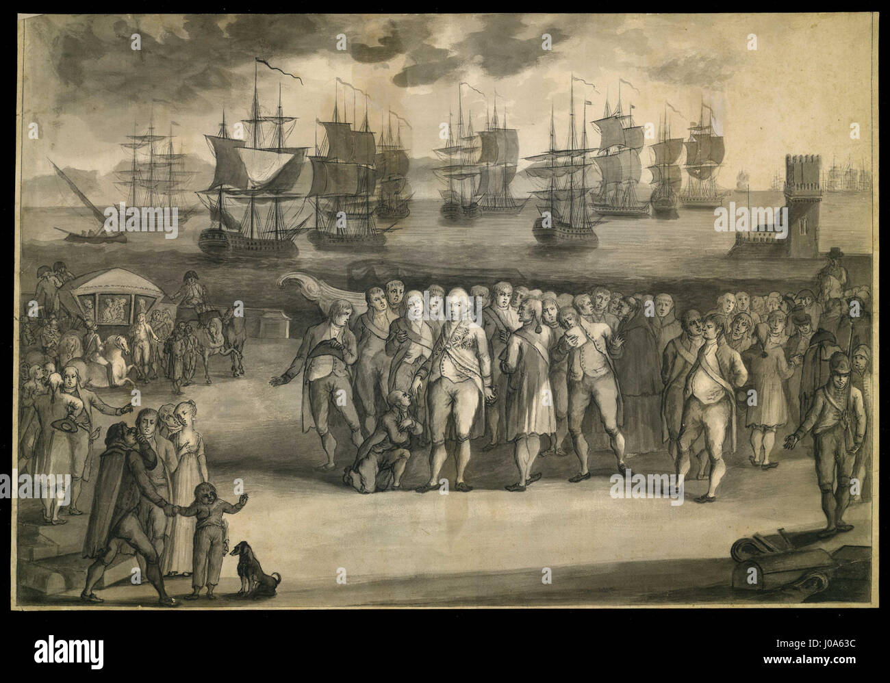 Giuseppe Giannis Gemälde „Embarque do Príncipe Regente D. João VI para o Brasil“ fasst das historische Ereignis der Abreise von Prinz Regent João VI. Von Portugal nach Brasilien im Jahr 1808 ein. Die Szene zeigt die Pracht und den Hochmut der königlichen Abreise während des Umzugs der portugiesischen Königsfamilie infolge Napoleons Invasion. Stockfoto