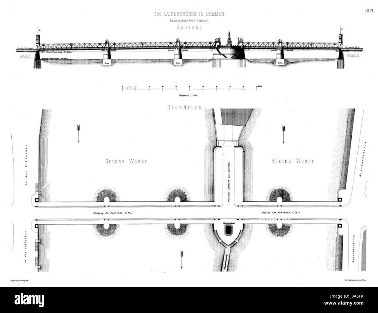 Die Kaiserbrücke von 1876 bezieht sich auf eine historische Brücke in Deutschland, die im späten 19. Jahrhundert eine Schlüsselrolle in der Verkehrs- und Stadtinfrastruktur spielt. Das Kunstwerk spiegelt den architektonischen Stil und die Urbanisierung der Epoche wider. Stockfoto