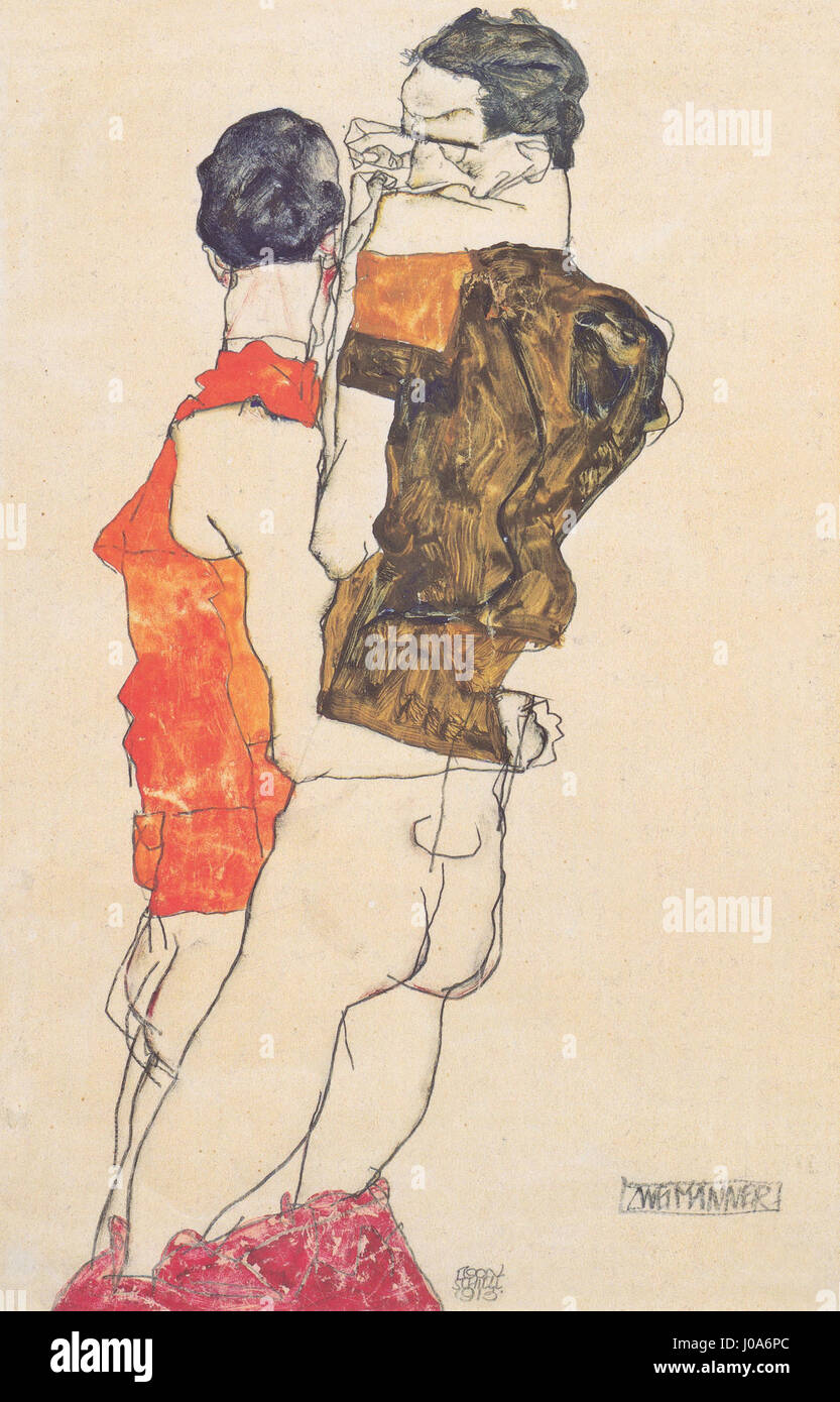 Egon Schieles Gemälde „zwei Männer“ aus dem Jahr 1913 zeigt zwei männliche Figuren in einem rohen und expressiven Stil. Das Werk veranschaulicht Schieles kühne Auseinandersetzung mit der menschlichen Form und emotionalen Intensität. Stockfoto Egon Schieles Gemälde „zwei Männer“ aus dem Jahr 1913 zeigt zwei männliche Figuren in einem rohen und expressiven Stil. Das Werk veranschaulicht Schieles kühne Auseinandersetzung mit der menschlichen Form und emotionalen Intensität. Stockfoto