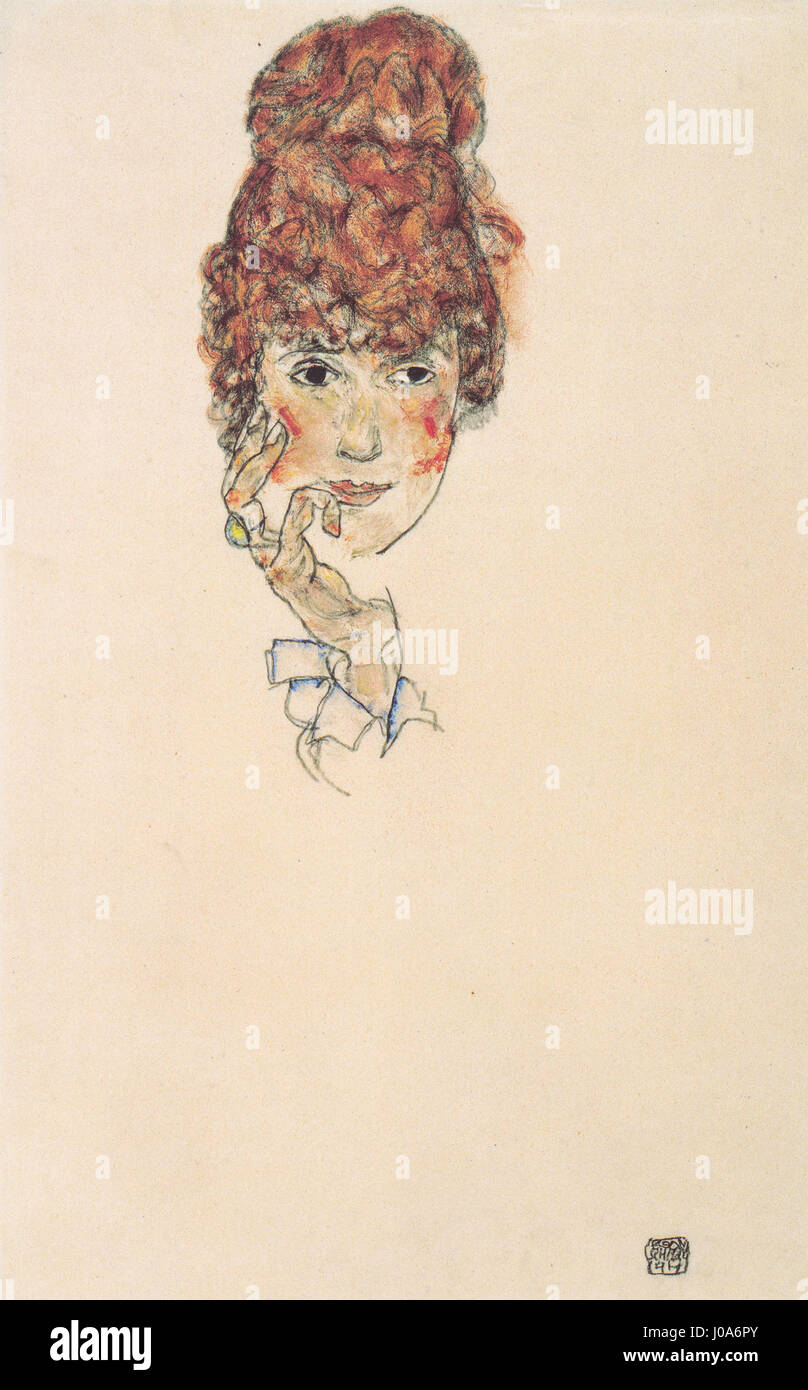 Egon Schieles „Porträt Edith Schiele“ aus dem Jahr 1917 fängt die intensive emotionale Tiefe und den verzerrten Figurenstil ein, der für Schieles Werk charakteristisch ist. Das Porträt zeigt seine Frau Edith mit ausdrucksstarken Pinselarbeiten, die psychologische Komplexität betonen. Stockfoto Egon Schieles „Porträt Edith Schiele“ aus dem Jahr 1917 fängt die intensive emotionale Tiefe und den verzerrten Figurenstil ein, der für Schieles Werk charakteristisch ist. Das Porträt zeigt seine Frau Edith mit ausdrucksstarken Pinselarbeiten, die psychologische Komplexität betonen. Stockfoto