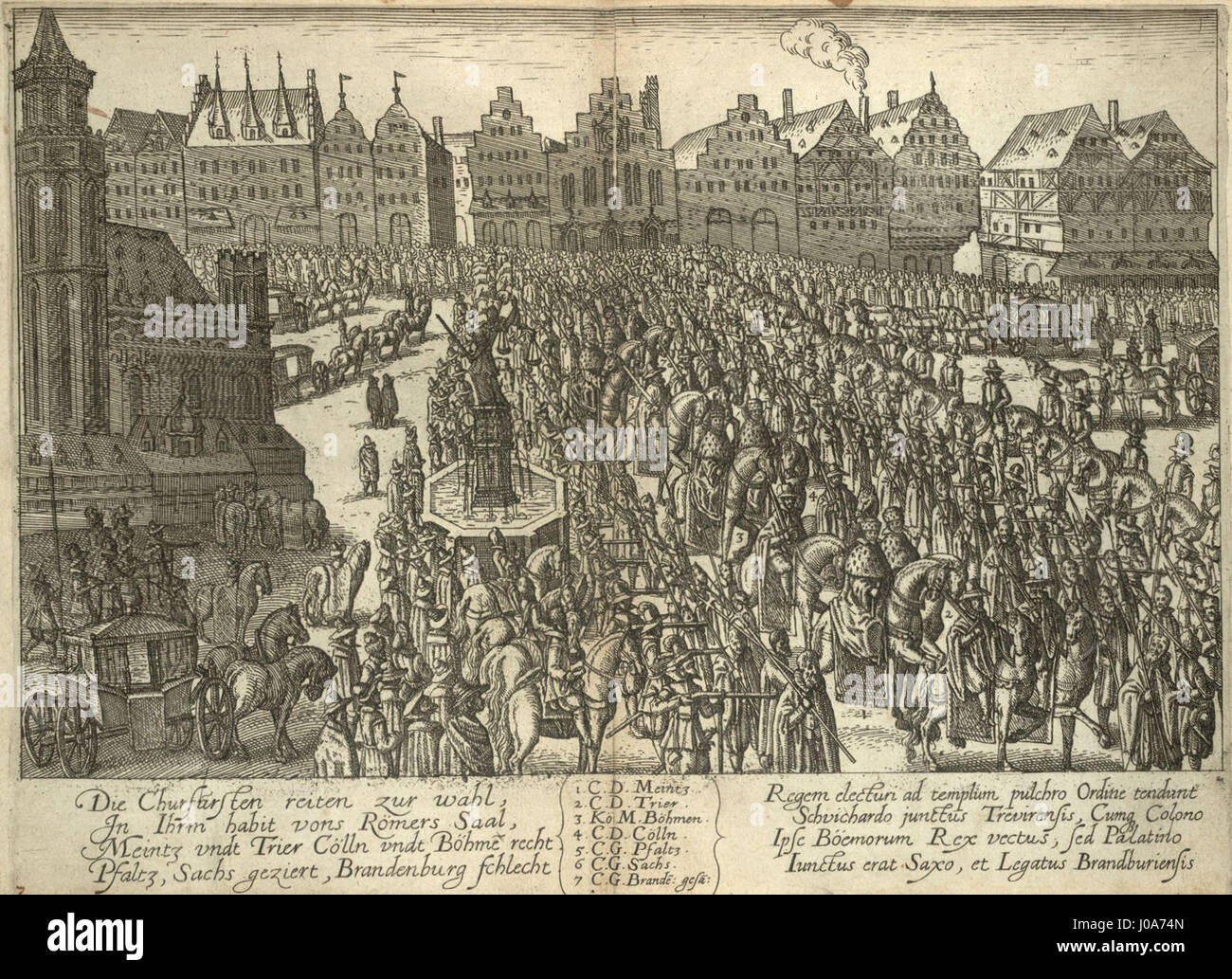 „Kurfürsten reiten zur Wahl“ von Matthias Krönung fängt den Moment ein, in dem die Kurfürsten des Heiligen Römischen Reiches reisten, um ihre Stimmen abzugeben. Dieses historische Gemälde spiegelt die Bedeutung der Wahlprozesse im Reich wider. Stockfoto