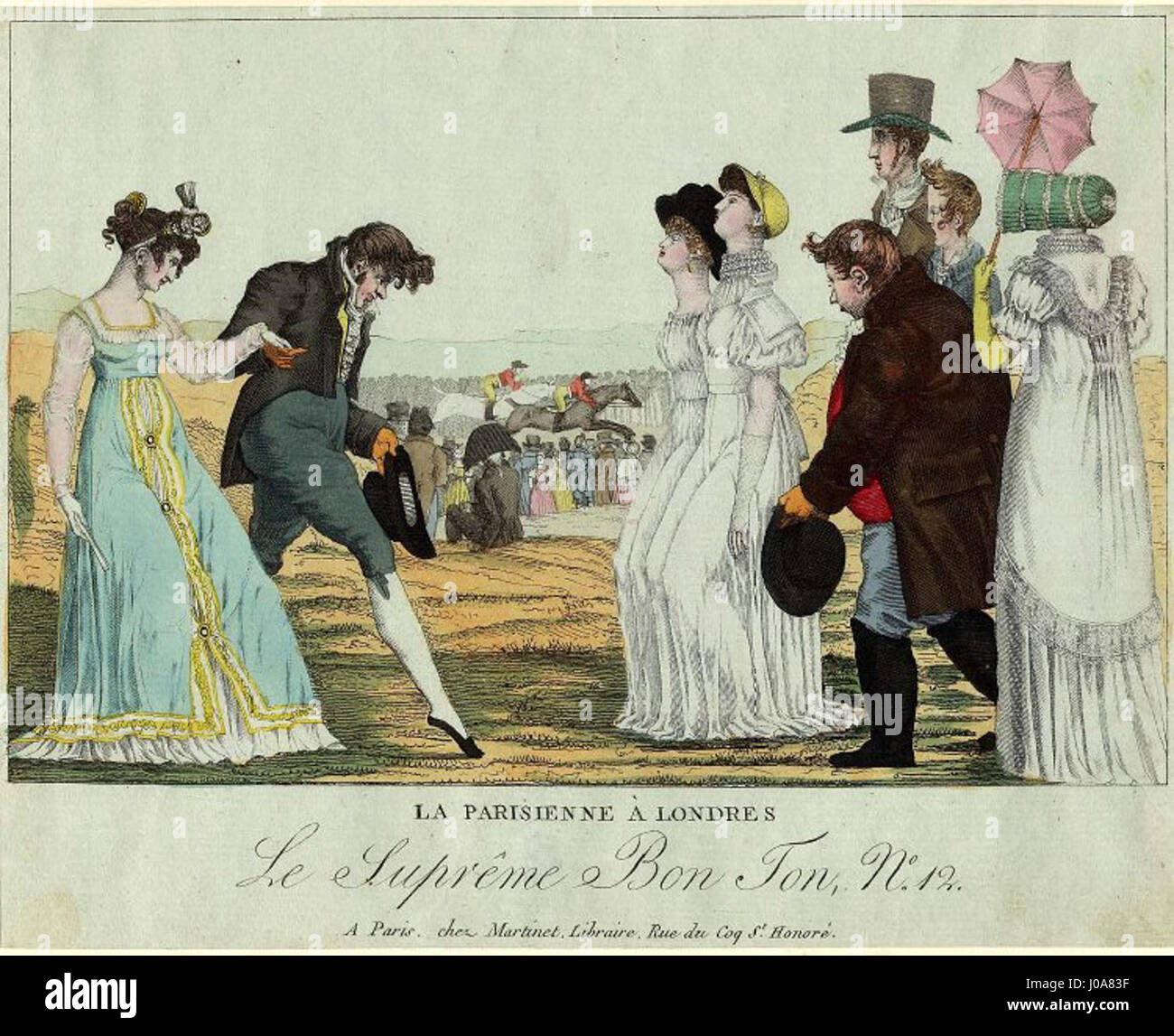 „suprême Bon Ton“ Nr. 12 zeigt eine Darstellung von „La Parisienne“ in London, die Pariser Eleganz und Mode im britischen Kontext zeigt. Die Illustration zeigt die kulturelle Vermischung der Pariser Haute Couture mit der Londoner Gesellschaft der damaligen Zeit. Stockfoto