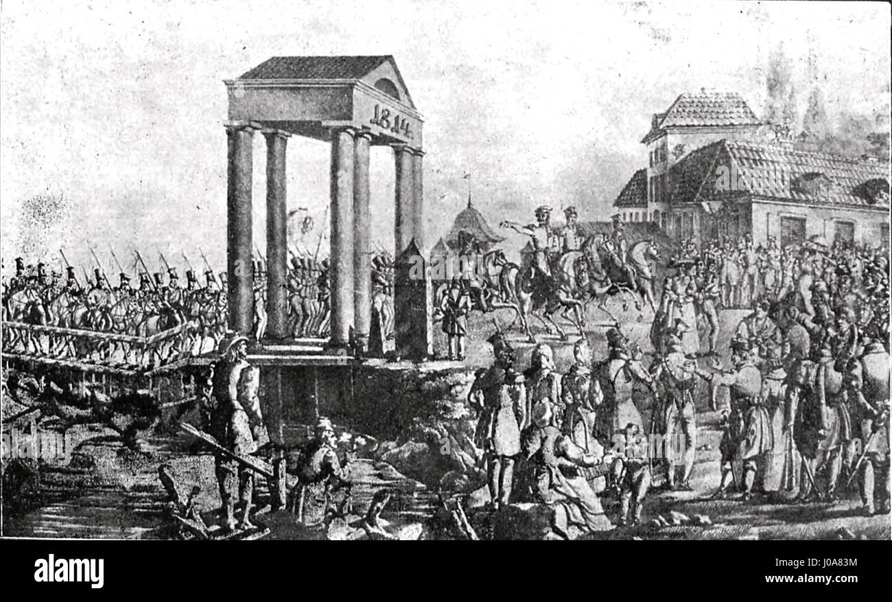 Diese historische Szene zeigt den triumphalen Einzug von General Henryk Dembinski nach Warschau nach seinem erfolgreichen Feldzug in Litauen. Er feiert militärischen Erfolg und nationalen Stolz. Stockfoto