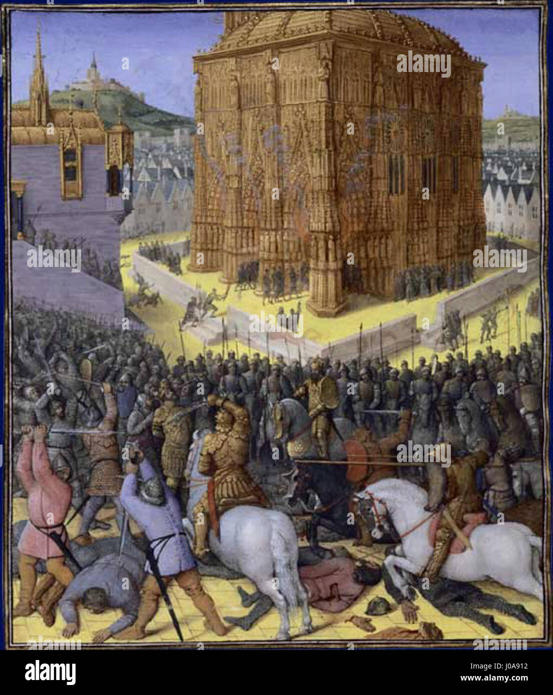 Dieses historische Gemälde zeigt die Eroberung Jerusalems durch König Nebukadnezar II., ein bedeutendes Ereignis in der antiken Geschichte. Das Kunstwerk stellt die Belagerung und Eroberung Jerusalems durch Babylonien dar, oft in biblischen Zusammenhängen dargestellt. Stockfoto