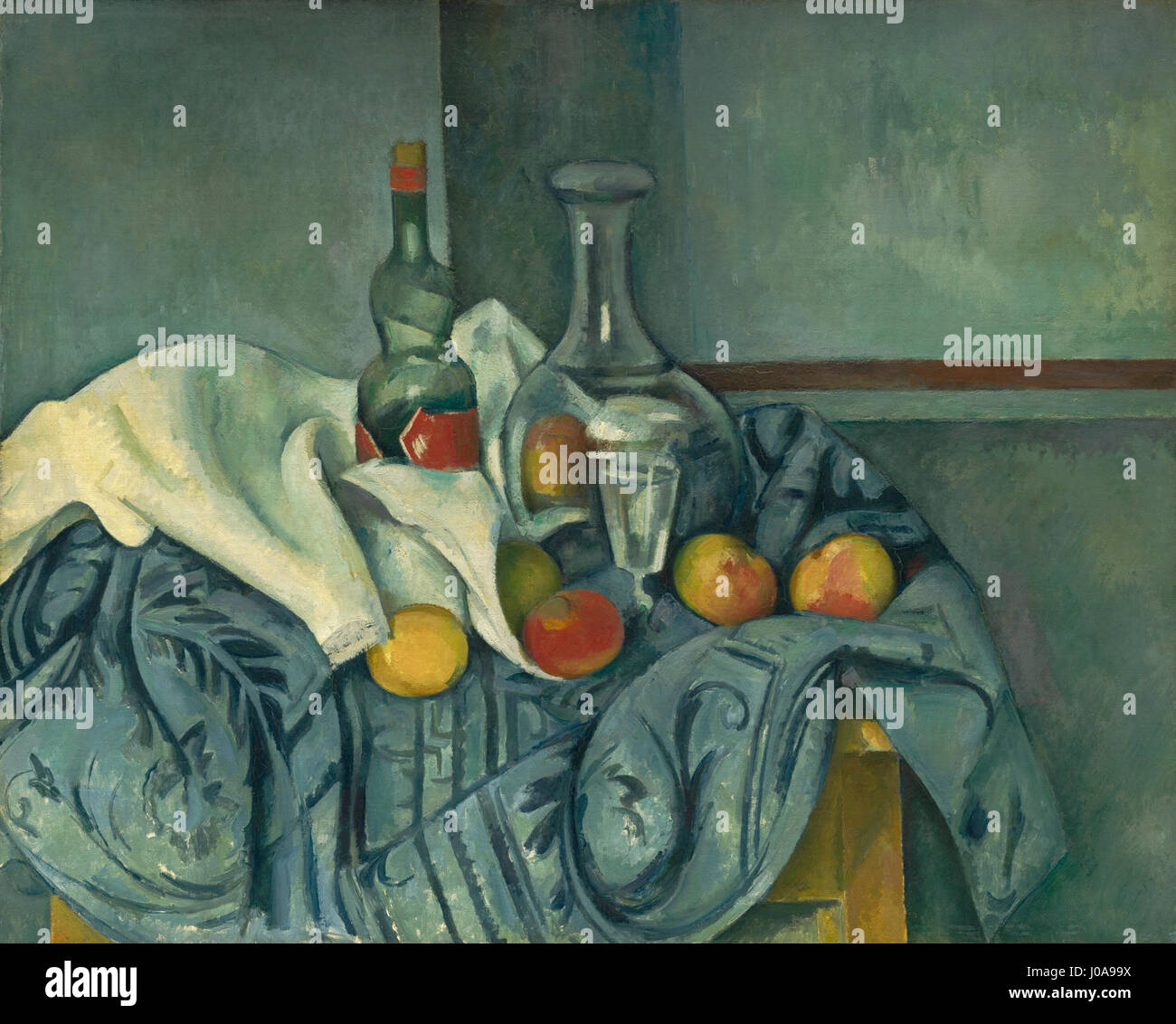 „La bouteille de menthe poivrée“ von Paul Cézanne ist ein Stillleben-Gemälde mit einer Minzflasche, das Cézannes Beherrschung von Form, Farbe und räumlicher Organisation unterstreicht, Teil seiner legendären Stillleben-Serie. Stockfoto
