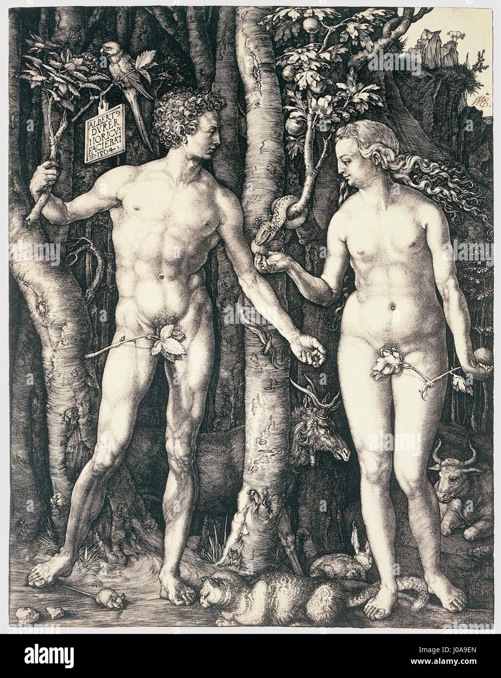 Albrecht Dürers „Adam und Eva“ ist ein renommierter Kupferstich aus dem Jahr 1504, der die biblische Geschichte der ersten Menschen darstellt. Das Werk zeigt Dürers Beherrschung der feinen Details und seinen Umgang mit menschlicher Anatomie, Perspektive und Symbolismus. Stockfoto