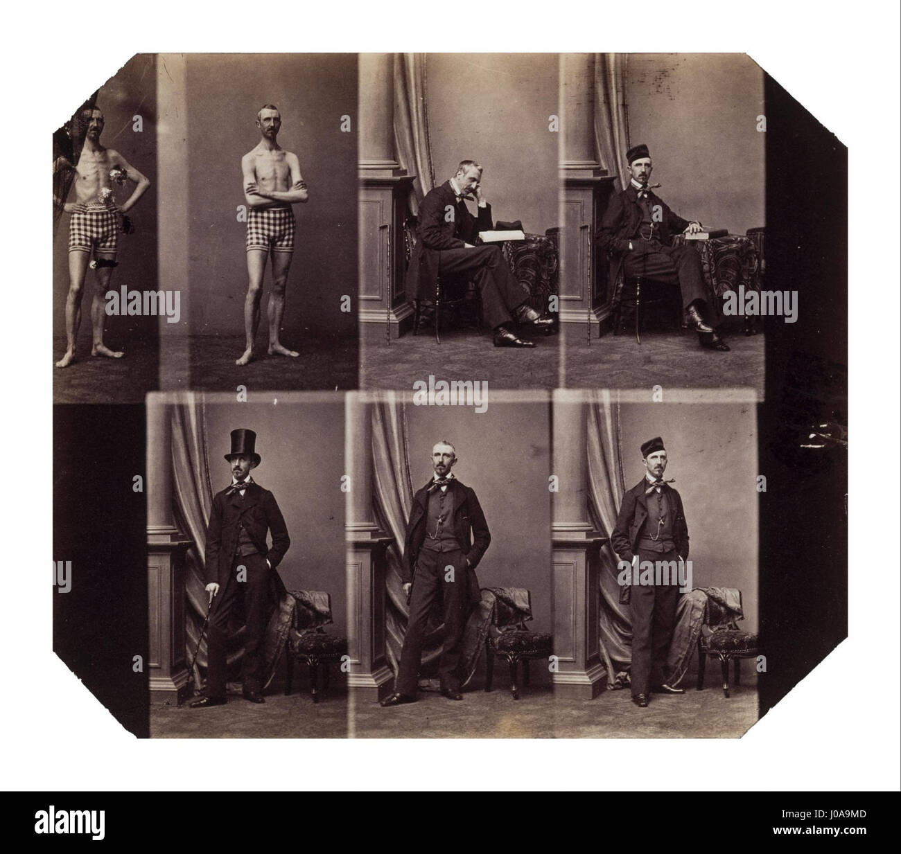 André-Adolphe-Eugène Disdéris Porträt des Herzogs von Polignac fängt die aristokratische Figur im formalen Stil des französischen Porträts des 19. Jahrhunderts ein. Das Foto unterstreicht den edlen Status und das würdevolle Aussehen des Herzogs, typisch für die Eliteporträts der Epoche. Stockfoto