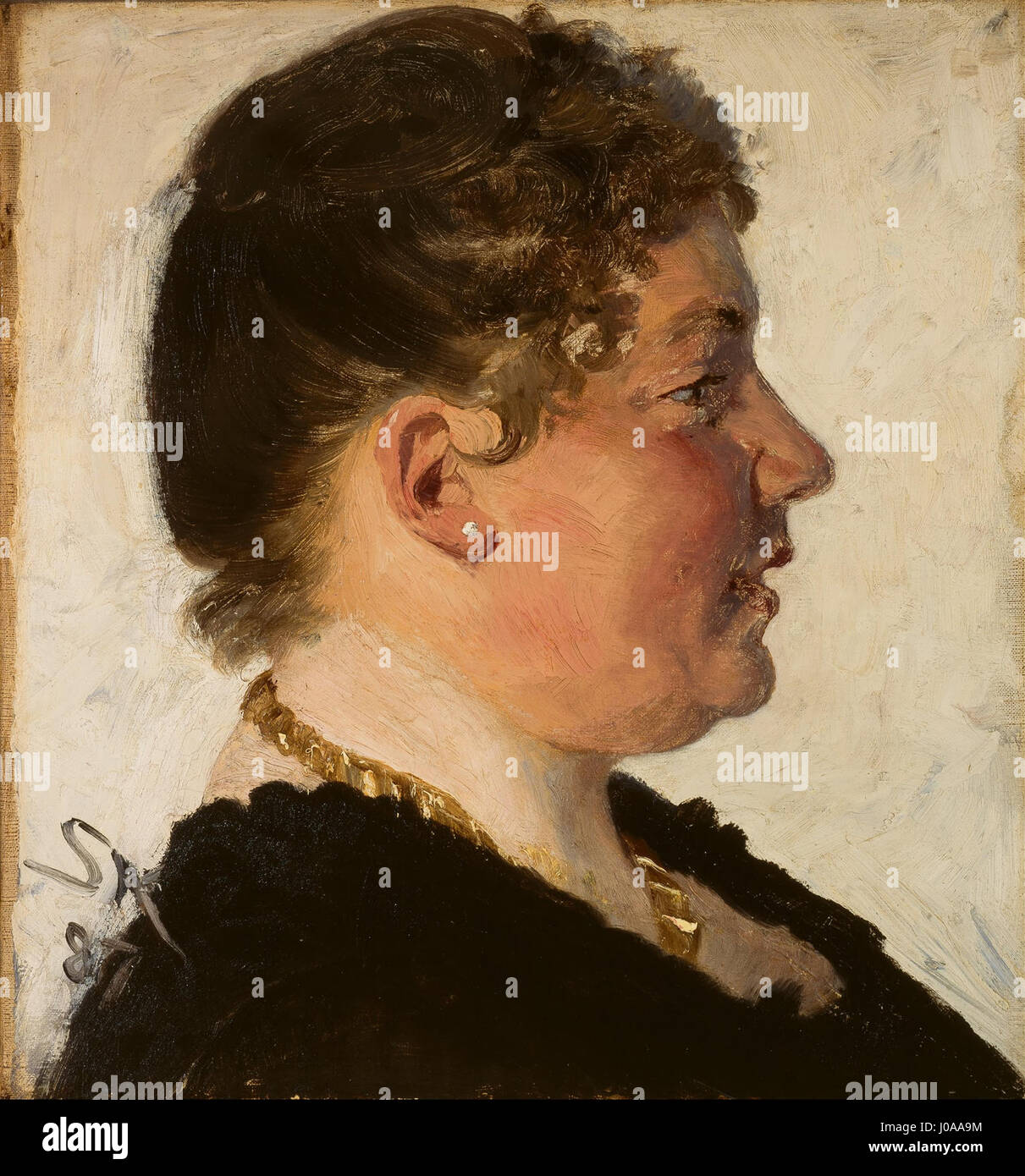 P.S. Krøyer Porträt von Beatrice Diderichsen, gemalt in einem sanften impressionistischen Stil, fängt die Eleganz und Posität des Motivs ein. Bekannt für seine Meisterschaft in der Erfassung von Licht und Atmosphäre, spiegelt Krøyer Werk den Fokus des dänischen Goldenen Zeitalters auf Realismus und Emotionen wider. Stockfoto