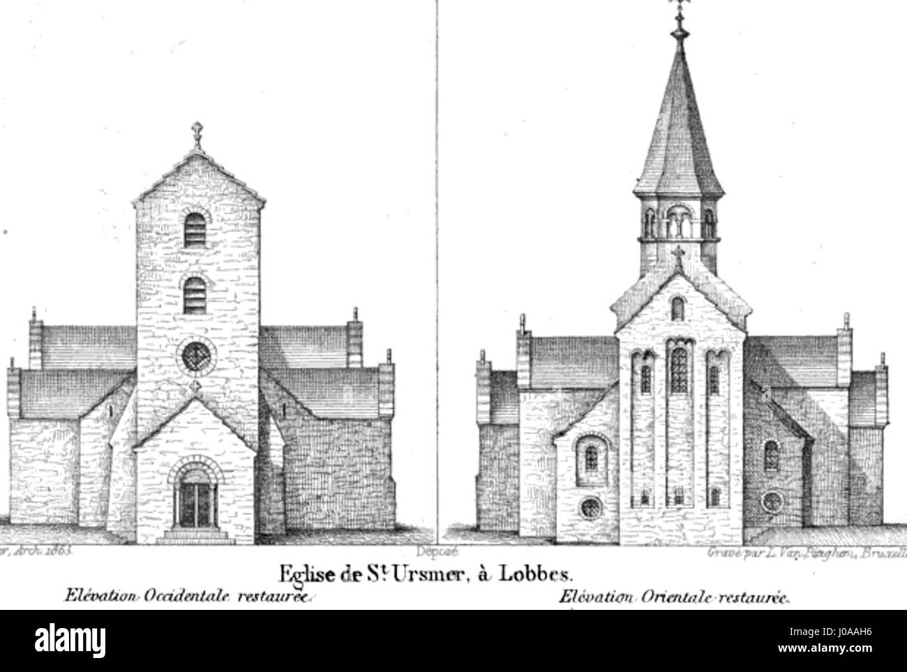 Collégiale Saint-Ursmer de Lobbes - Fassaden Occidentale et Orientale Stockfoto