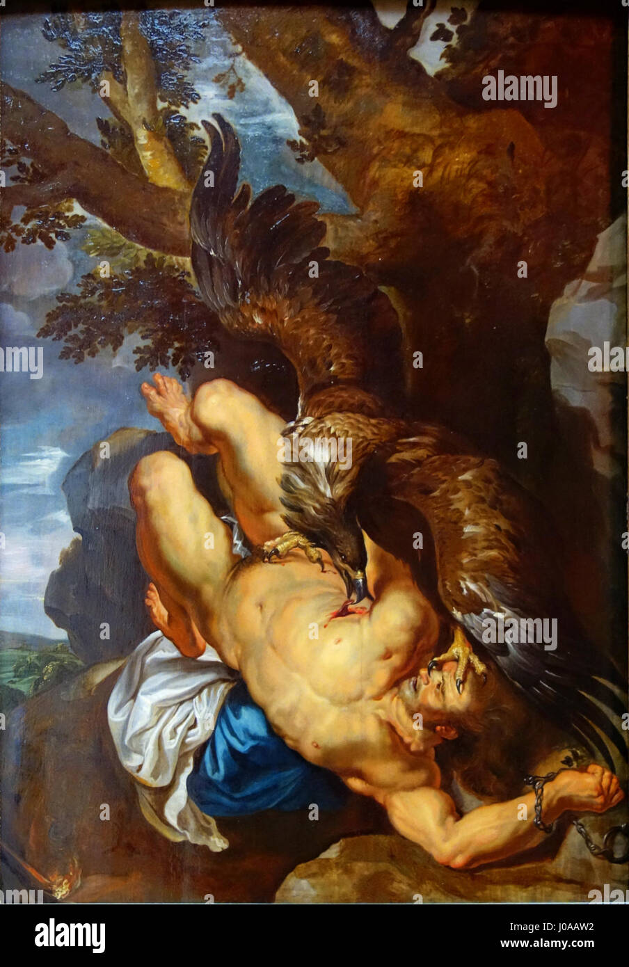 Peter Paul Rubens' Prométhée enchaîné (ca. 1611–1612), der den gebundenen Titan Prometheus mit einem Adler darstellt, der seine Leber als Strafe für den Sieg gegen Zeus verzehrt. Dieses flämische barocke Meisterwerk befindet sich im Palais des Beaux-Arts in Lille, Frankreich. Stockfoto