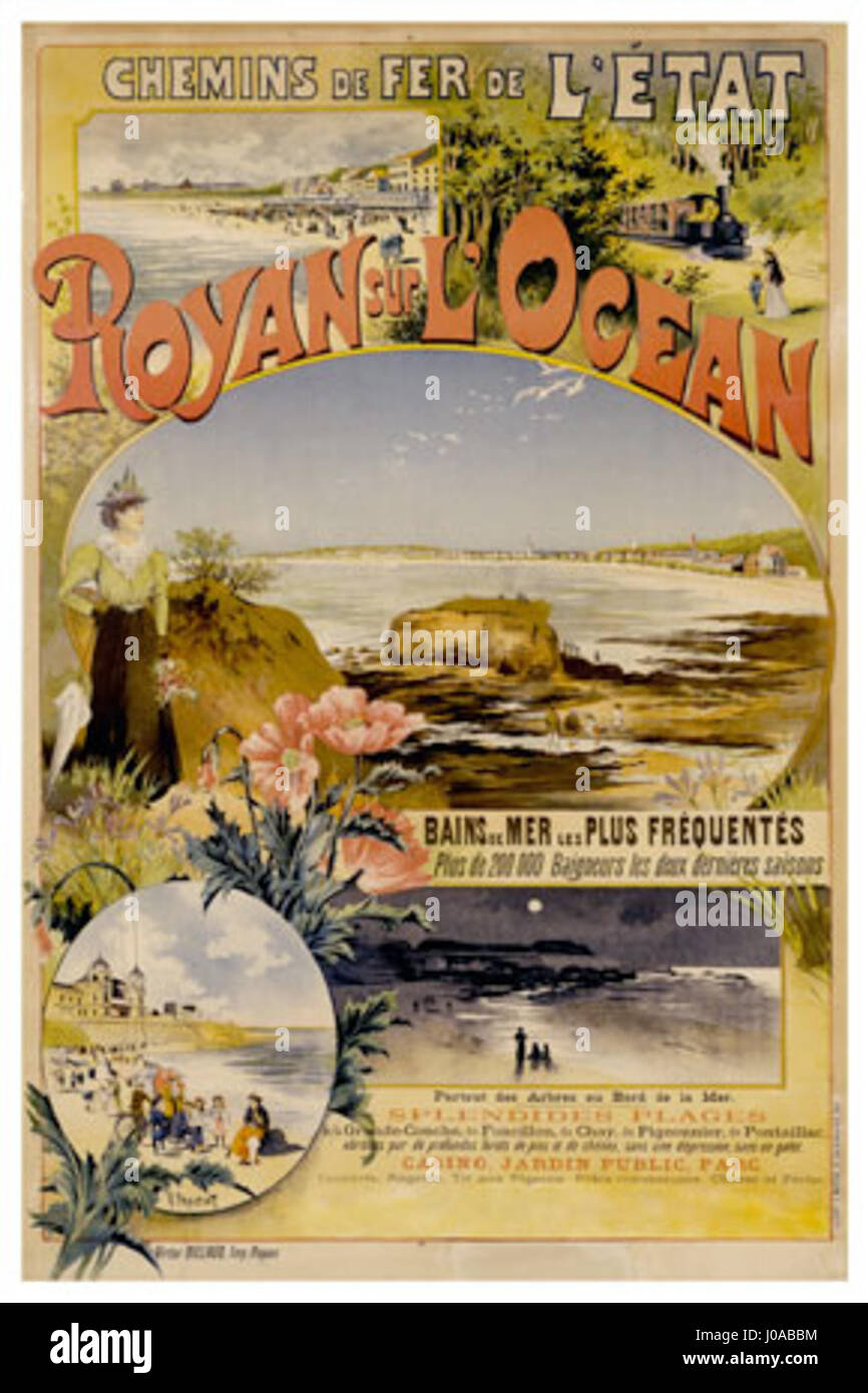 Das „Affiche Etat Royan Océan“ ist ein Vintage-Reiseplakat, das die Region Royan an der französischen Atlantikküste anpreist. Die lebendigen Kunstwerke spiegeln den Charme und die touristische Attraktivität der Gegend wider, die zu Beginn des 20. Jahrhunderts ein beliebtes Reiseziel war. Stockfoto