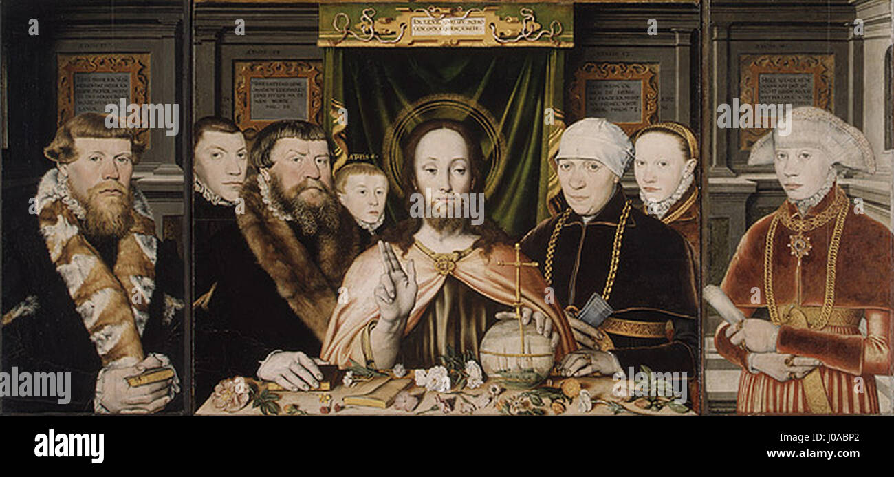 Unbekannter deutscher Maler E28094 Christus segnet, umgeben von einem Spender und seiner Familie E28094 c. 1575E2809380 Stockfoto