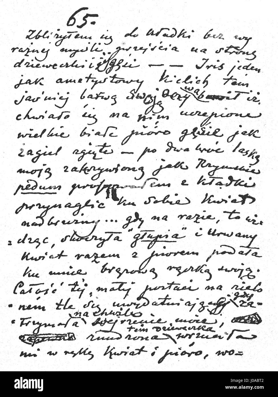 Diese Manuskriptseite der Werke Cyprian Norwids enthält ein Autogramm der Novelle „Stygmat“, die den literarischen Stil und den historischen Beitrag des Schriftstellers zur polnischen Literatur darstellt. Stockfoto