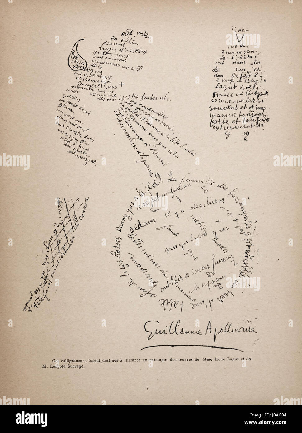 Guillaume Apollinaires „Poème Calligramme“ ist eine Form der visuellen Poesie, bei der die Wörter eine grafische Darstellung des Gedichts erzeugen. Apollinaires Werk stellt traditionelle poetische Formen in Frage und erforscht die Beziehung zwischen Text und Bild. Stockfoto