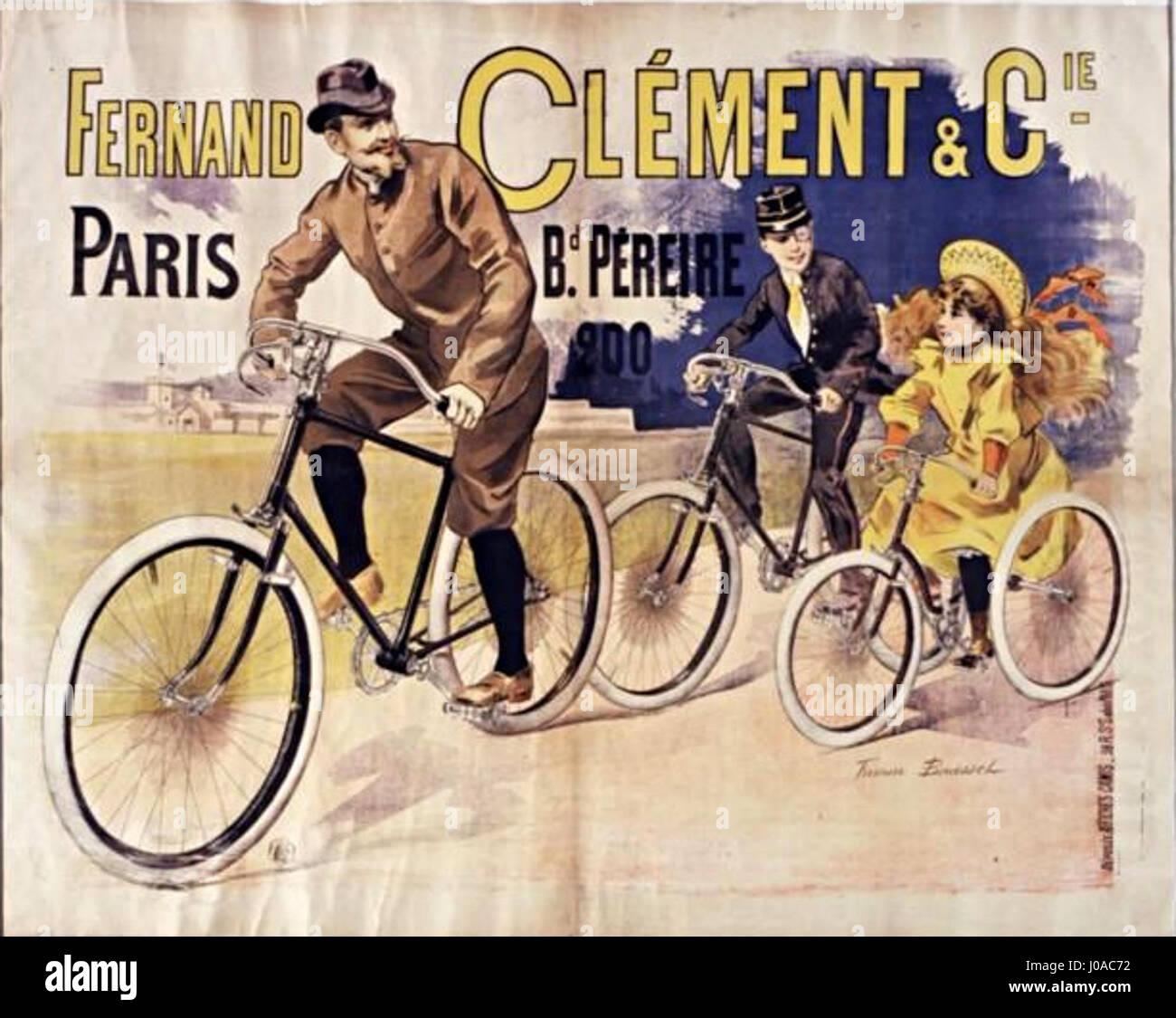 „Affiche Cycles Cléments“ ist ein französisches Vintage-Poster, das die Ästhetik und das Design der Radkultur des frühen 20. Jahrhunderts anprangt. Stockfoto