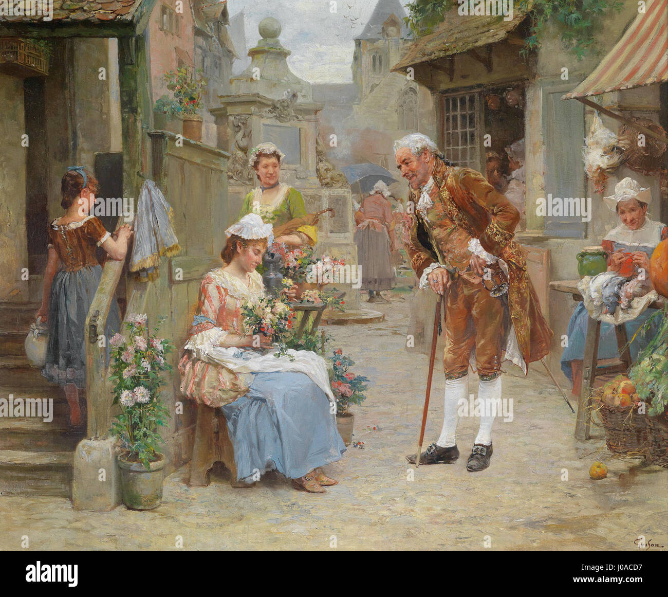 „Die Blumenverkäuferin“ von Adolphe Grison stellt einen Blumenhändler im Europa des 19. Jahrhunderts dar. Das Gemälde reflektiert den Fokus des Künstlers auf alltägliche Arbeiterfiguren und betont Detail und Realismus im urbanen Leben. Stockfoto