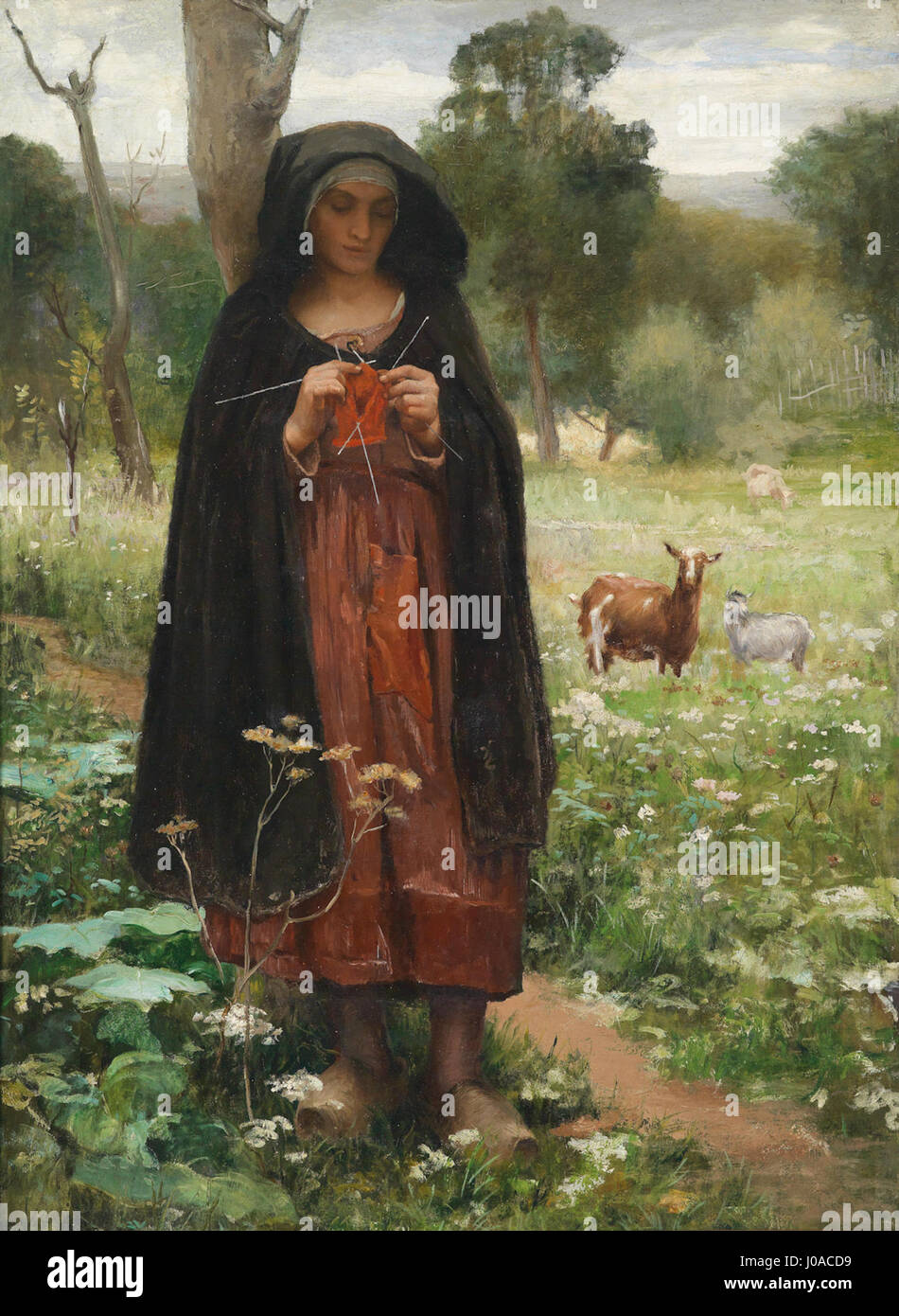 „Bergère au tricot“ von Jean-Baptiste Laugee präsentiert eine Hirtenszene, die die ruhigen Rhythmen des ländlichen Lebens und die Intimität der Hausarbeit im Frankreich des späten 19. Jahrhunderts in Erinnerung ruft. Stockfoto