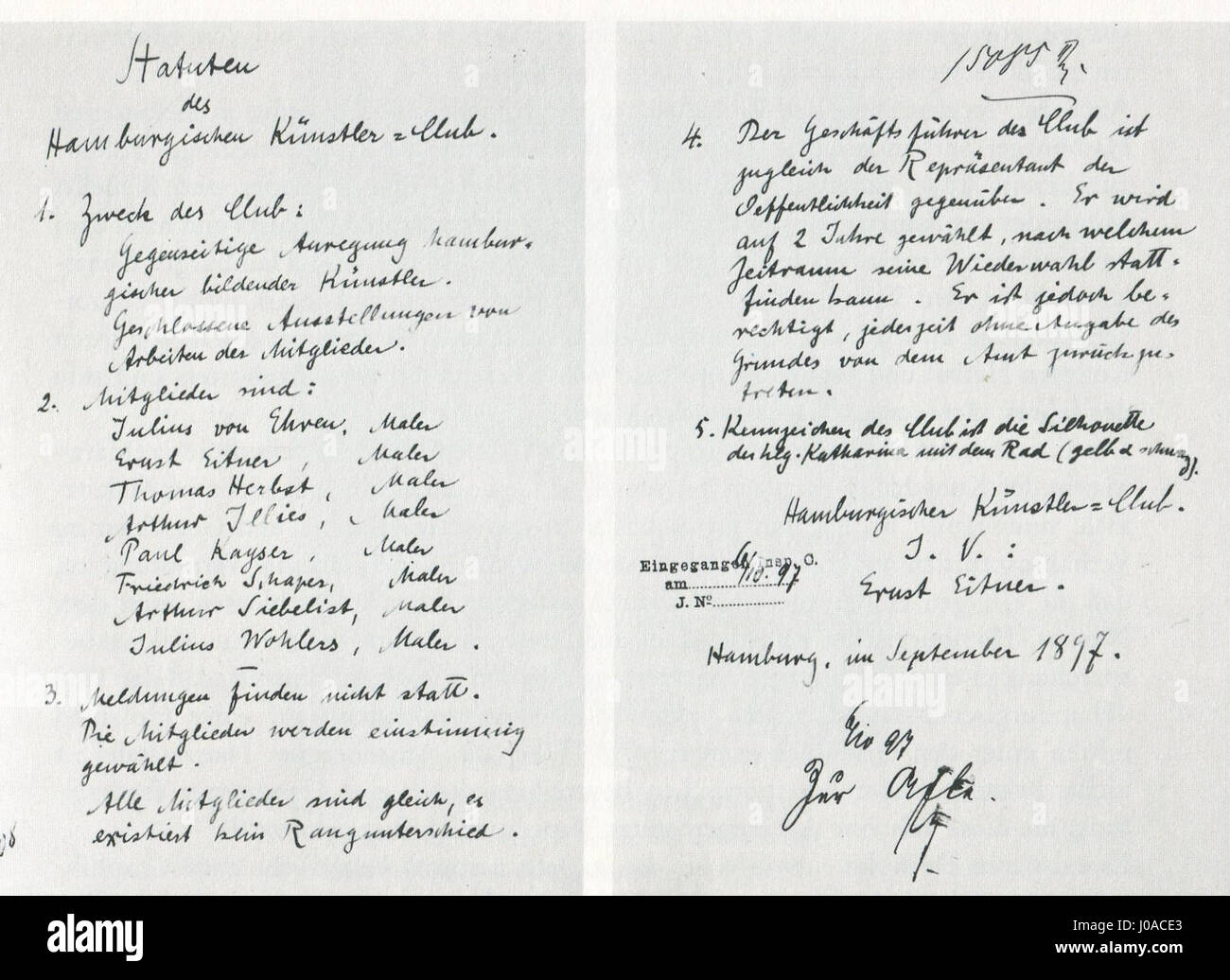 Die Statuten des Künstlerclubs von 1897 beschreiben den Auftrag und die Leitlinien dieses bedeutenden Kunstvereins in Deutschland. Das Dokument spiegelt die Rolle des Vereins bei der Förderung der Avantgardekunst und der Förderung der Kreativität deutscher Künstler jener Zeit wider. Stockfoto