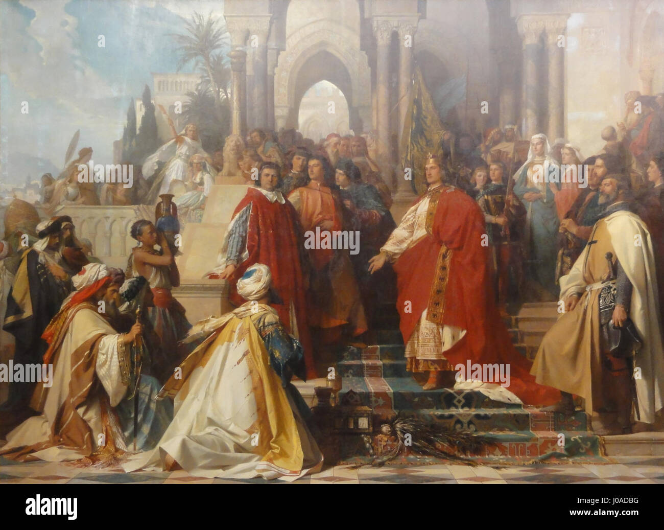 Arthur Georg von Rambergs Gemälde „der Hof Kaiser Friedrichs II. Zu Palermo“ aus dem Jahr 1865 zeigt den kaiserlichen Hof Friedrichs II. Und veranschaulicht die Größe und historische Bedeutung des Hofes in Palermo. Das Kunstwerk hebt die königliche Kleidung, die Architektur und die prominenten Persönlichkeiten dieser Zeit hervor. Stockfoto