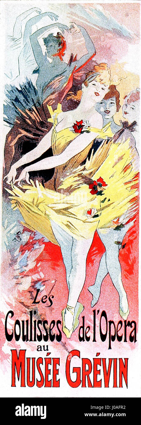 Eine Lithografie des französischen Künstlers Jules Chéret mit dem Titel Les Coulisses de l'Opéra, Platte 37 aus der Serie Les Maîtres de l'Affiche. 1896 entstanden, zeigt es Tänzer, die hinter den Kulissen der Pariser Oper Proben. Stockfoto